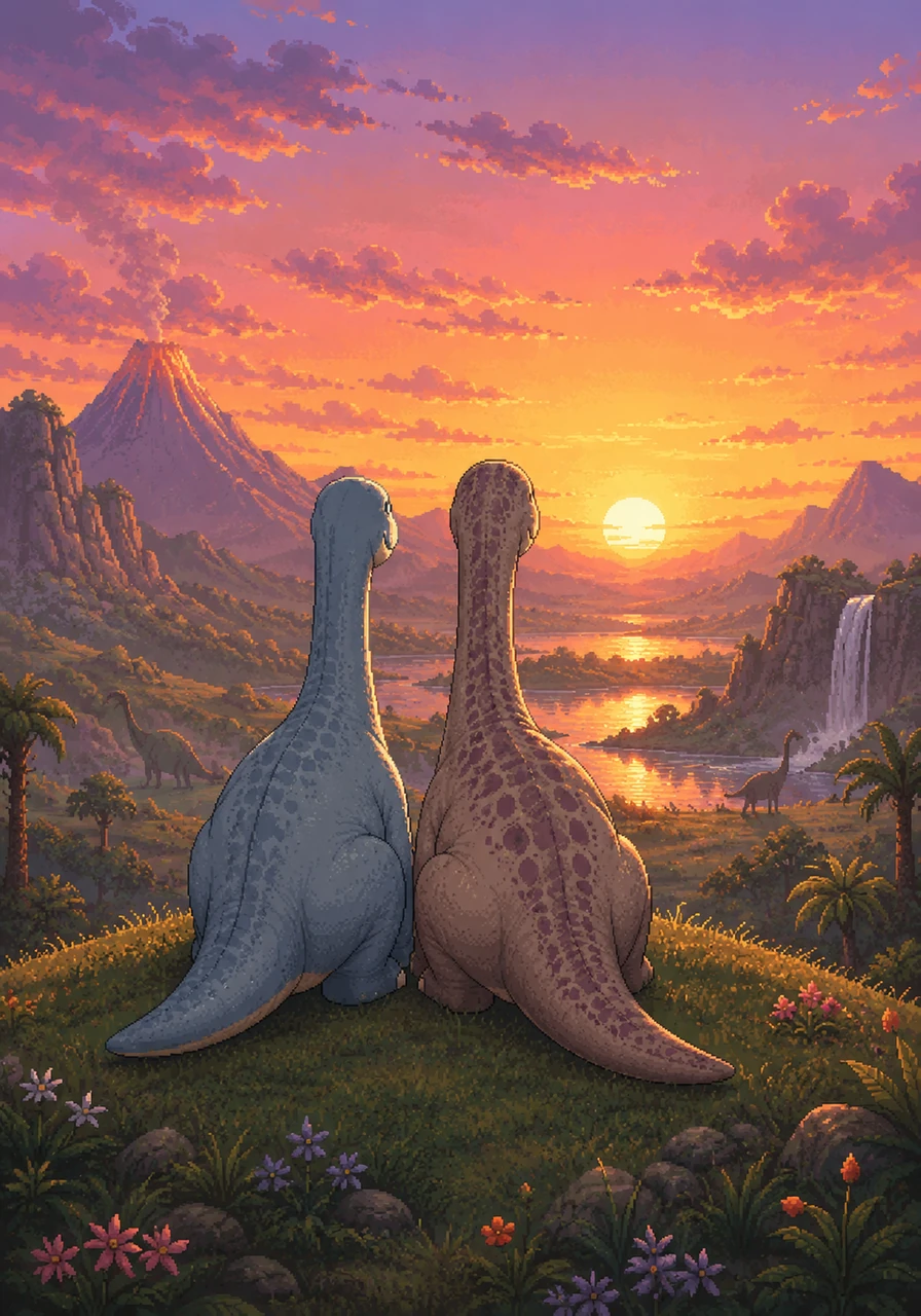 El sol comienza a ponerse en el horizonte prehistórico, pintando el cielo de tonos dorados, rosados y anaranjados. Erick y Dome se sientan juntos en una colina, observando el hermoso paisaje y sintiendo una inmensa paz y gratitud por el amor que comparten.