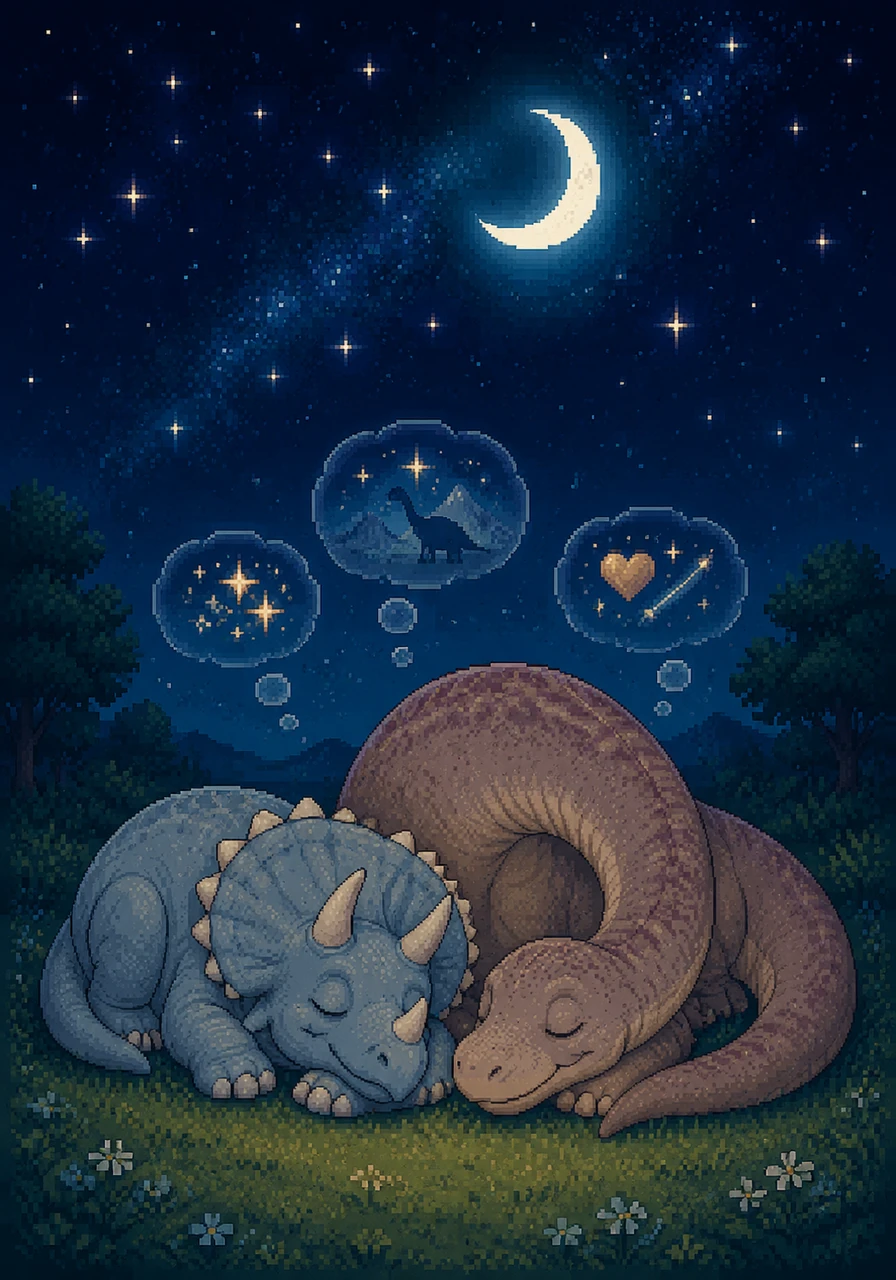 Erick y Dome, el Triceratop y la Brontosaurus, se quedan dormidos bajo el cielo estrellado, soñando con nuevas aventuras y un amor que perdurará por siempre. El amor, como los dinosaurios, es una historia que nunca se extingue.