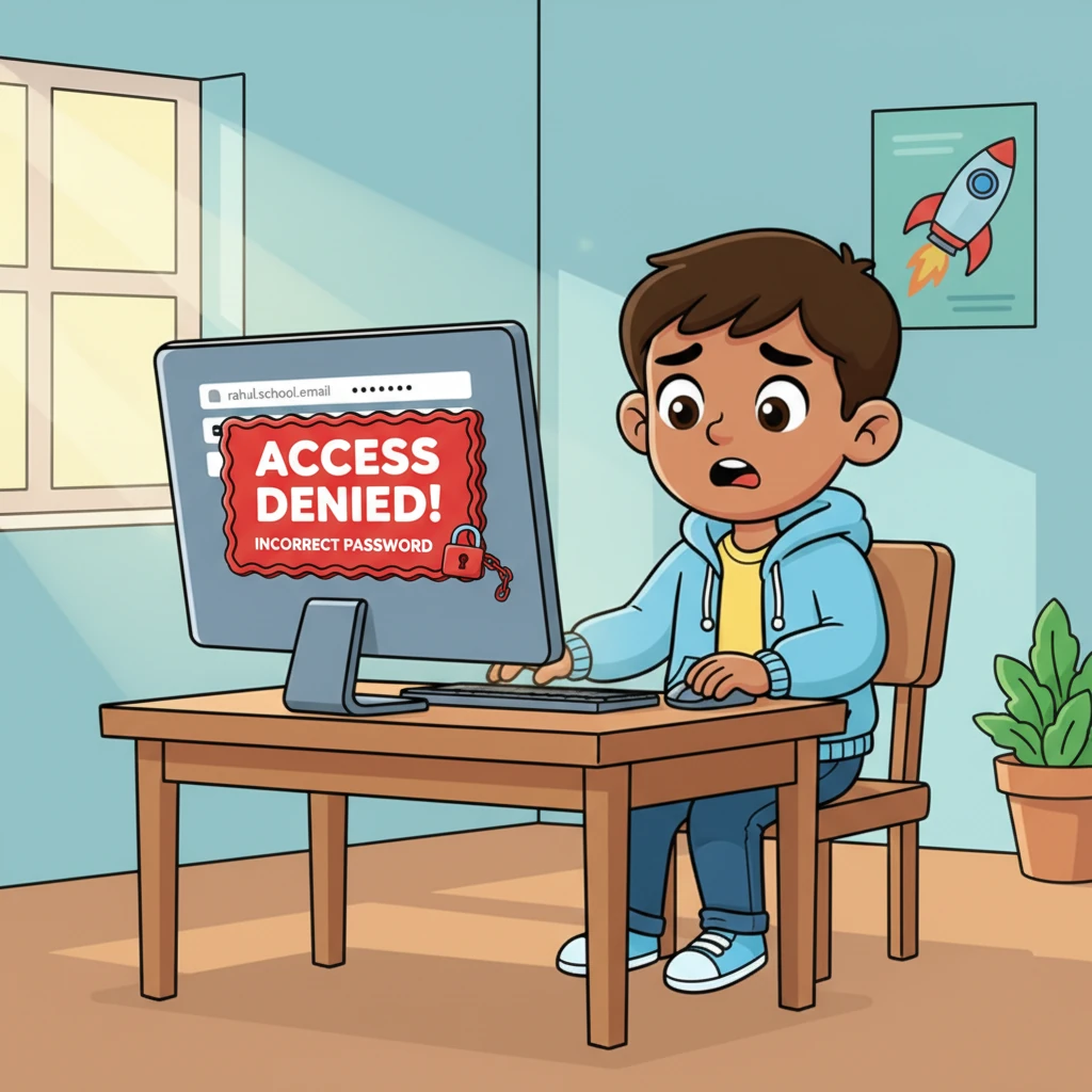 On the third morning, Rahul tried to log into his email to check for a school update. To his shock, his password no longer worked! A big, red error message flashed on the screen, making his happy, cartoonish face drop into a puzzled frown. His email had been hacked!