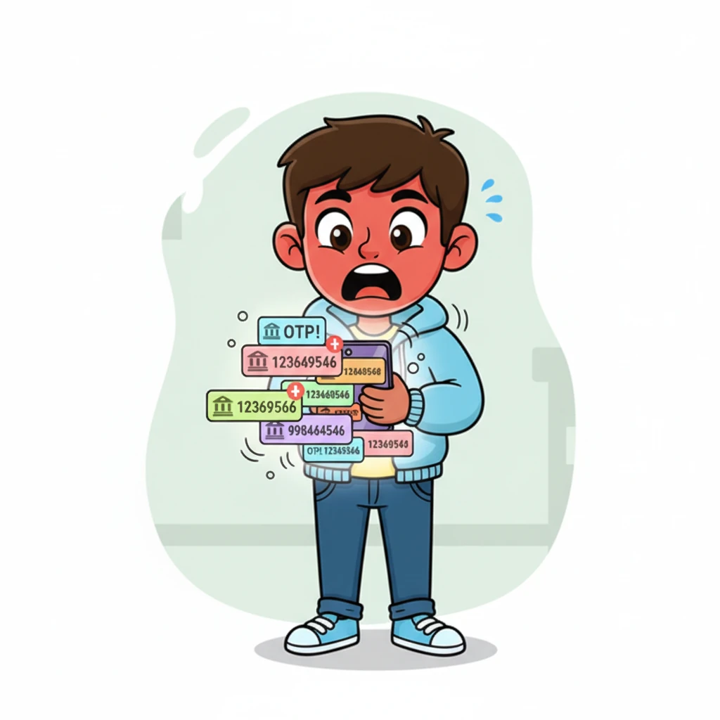Just then, his phone started buzzing uncontrollably. Notification after notification popped up, showing one-time passwords (OTPs) for bank transactions he knew nothing about! Rahul's face turned bright red with alarm, his cartoon eyes wide as saucers, realizing the seriousness of the situation.