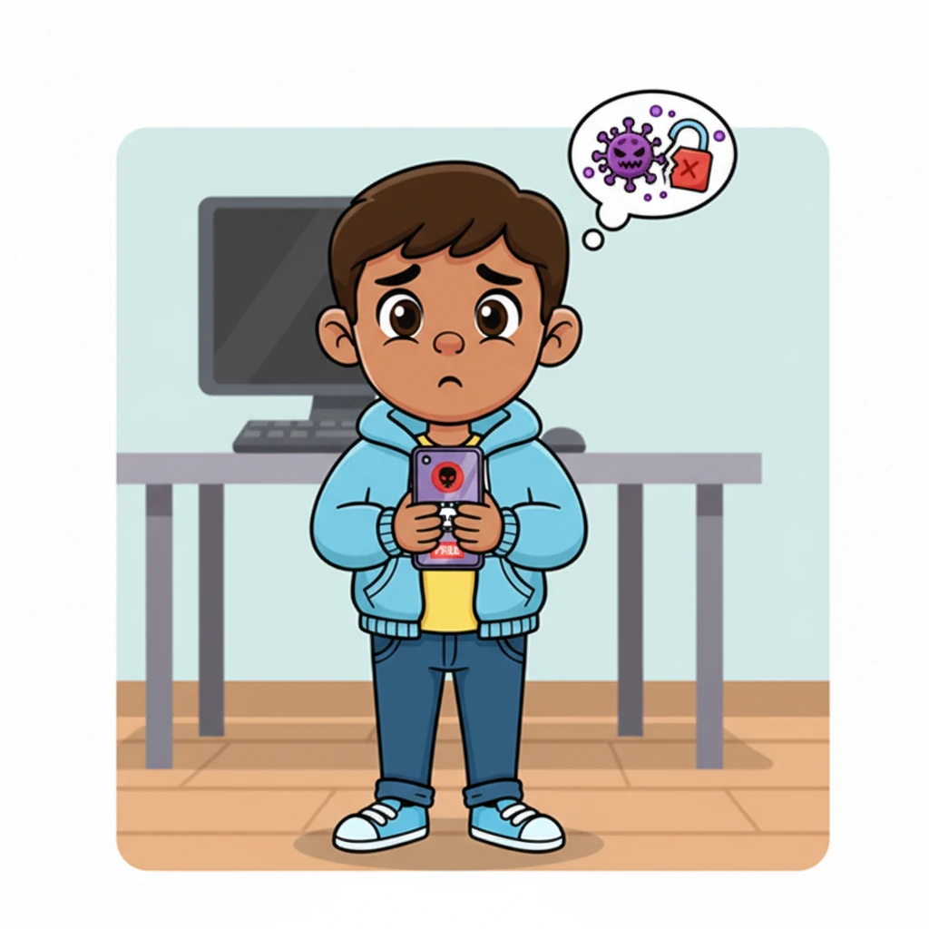 Together, they discovered that the 'free movie app' was actually a cleverly disguised piece of malware. It had sneaked onto his phone, stealing his information and causing all the trouble. Rahul's cheerful face now held a look of profound understanding and regret.