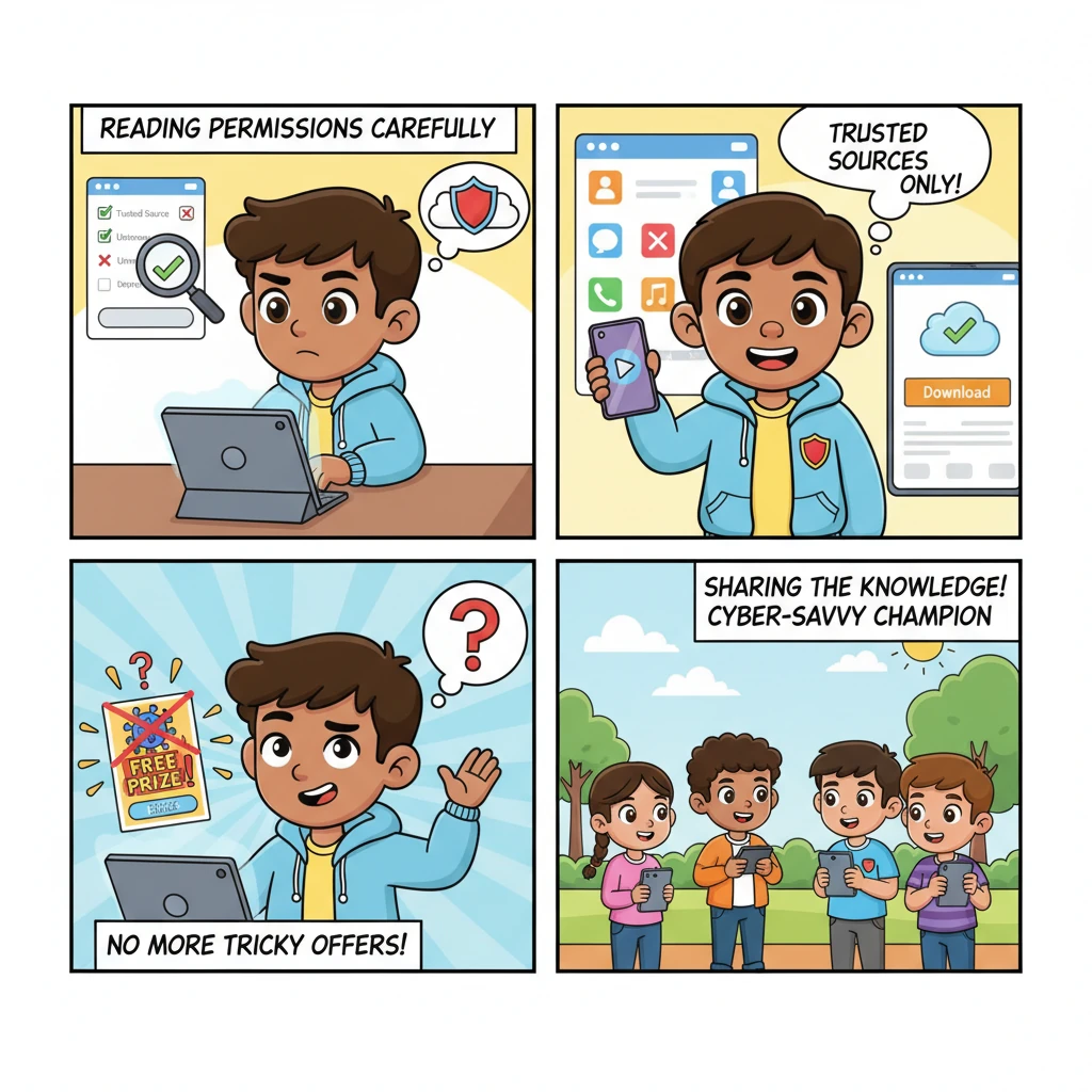 From that day on, Rahul became a super cyber-savvy student. He learned to always read permissions carefully, download apps only from trusted sources, and never take online offers at face value. He even started sharing his story with friends, becoming a champion for online safety and smart digital choices.