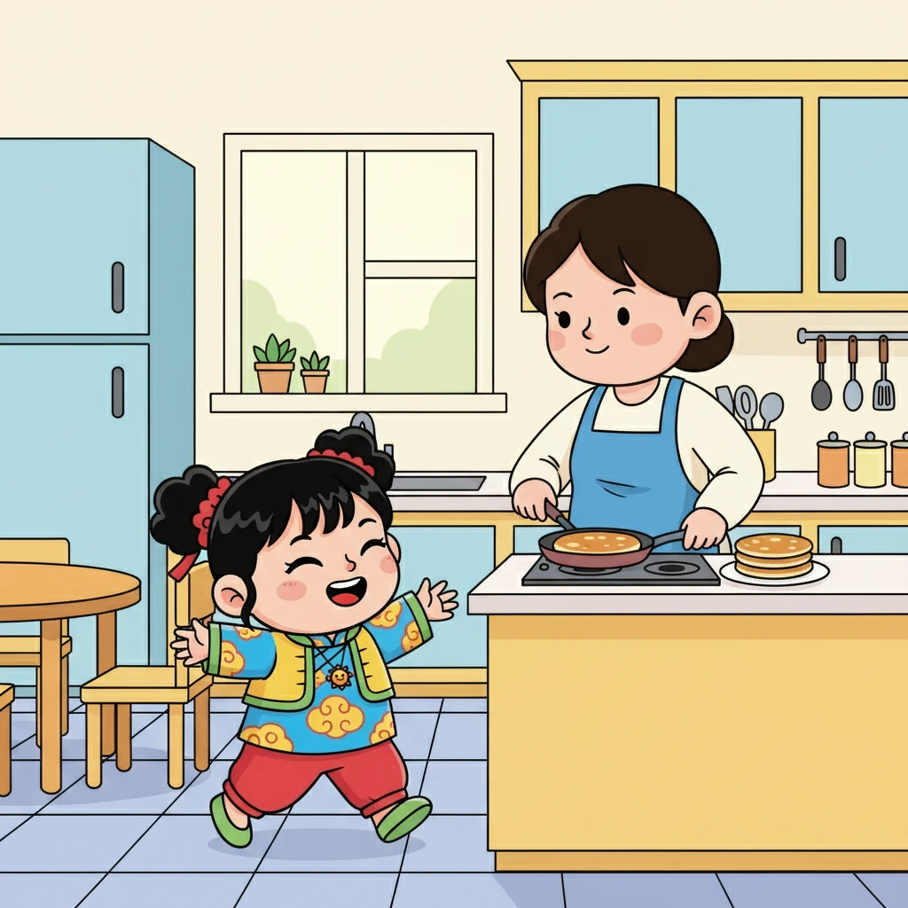 媽媽在廚房裡做早餐。小晴走到廚房，對媽媽說：「媽媽，早安！我肚子餓了。」媽媽笑了笑，說：「今天有你最喜歡的煎餅喔！」
