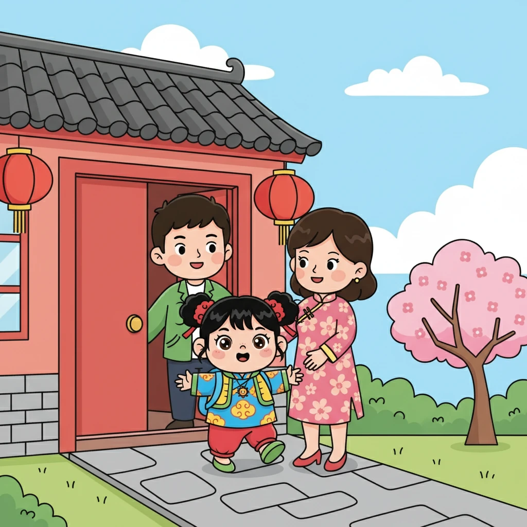 他們一起吃了早餐，然後準備出門。小晴穿上漂亮的衣服，背上小書包。爸爸媽媽也準備好了，一起走出了家門。