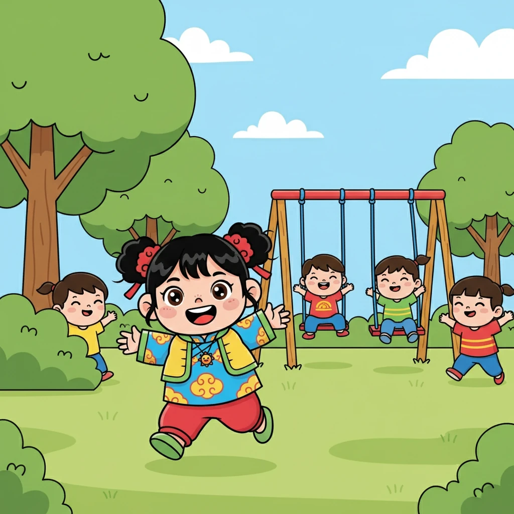 在公園裡，小晴看到很多小朋友。她跑去跟朋友們一起玩。他們一起玩捉迷藏，一起盪鞦韆，玩得非常開心！