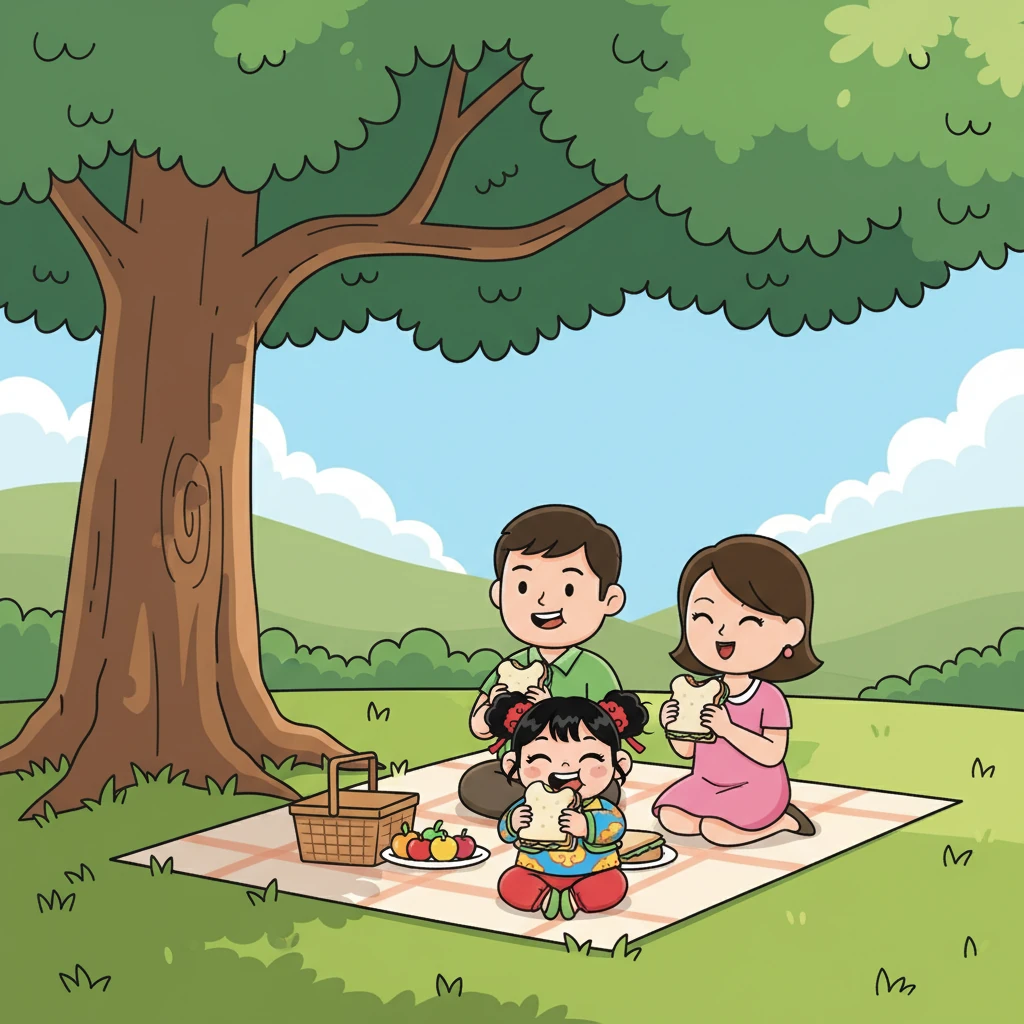 中午，他們坐在大樹下吃午餐。小晴吃著媽媽做的三明治，覺得很好吃。爸爸媽媽也一起吃，大家都很開心。