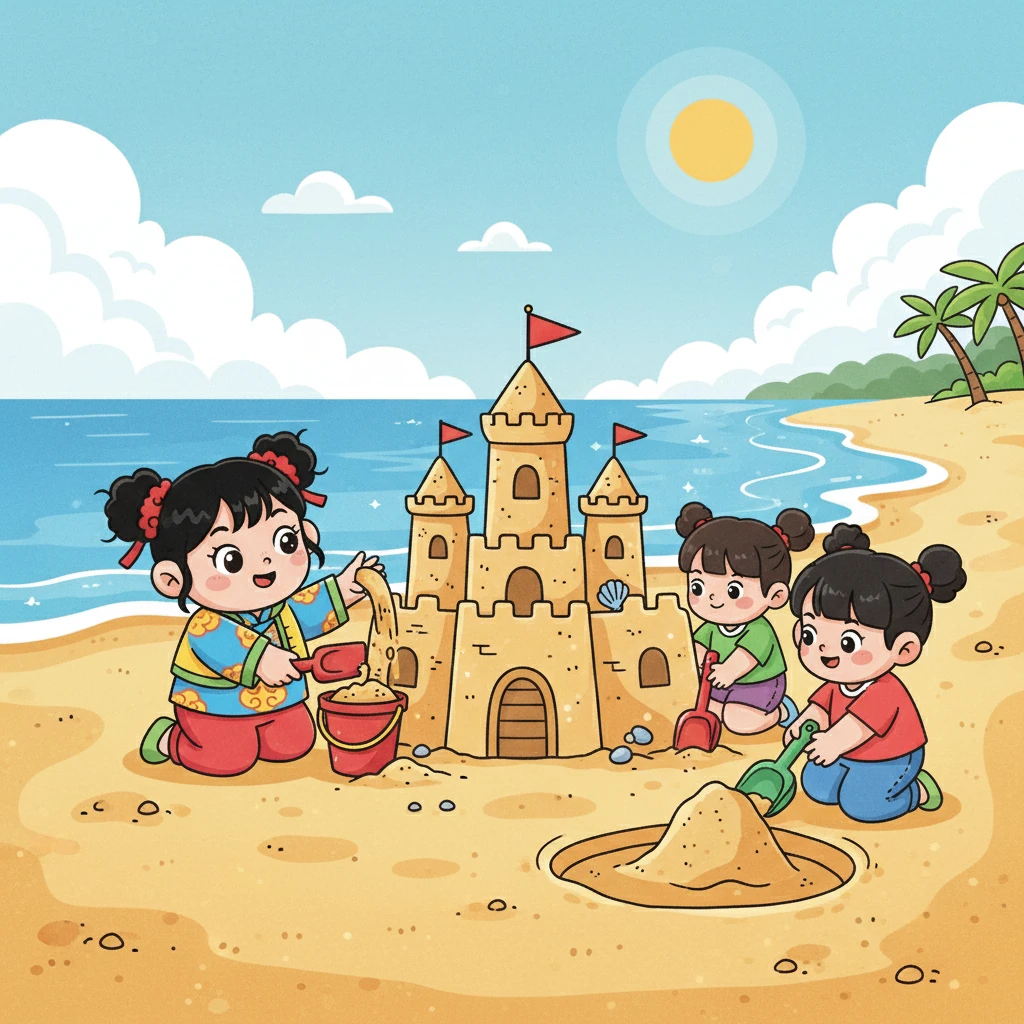 下午，小晴和朋友們一起堆沙堡。她們用小鏟子挖沙，把沙子堆成城堡的樣子。城堡很大，也很漂亮。