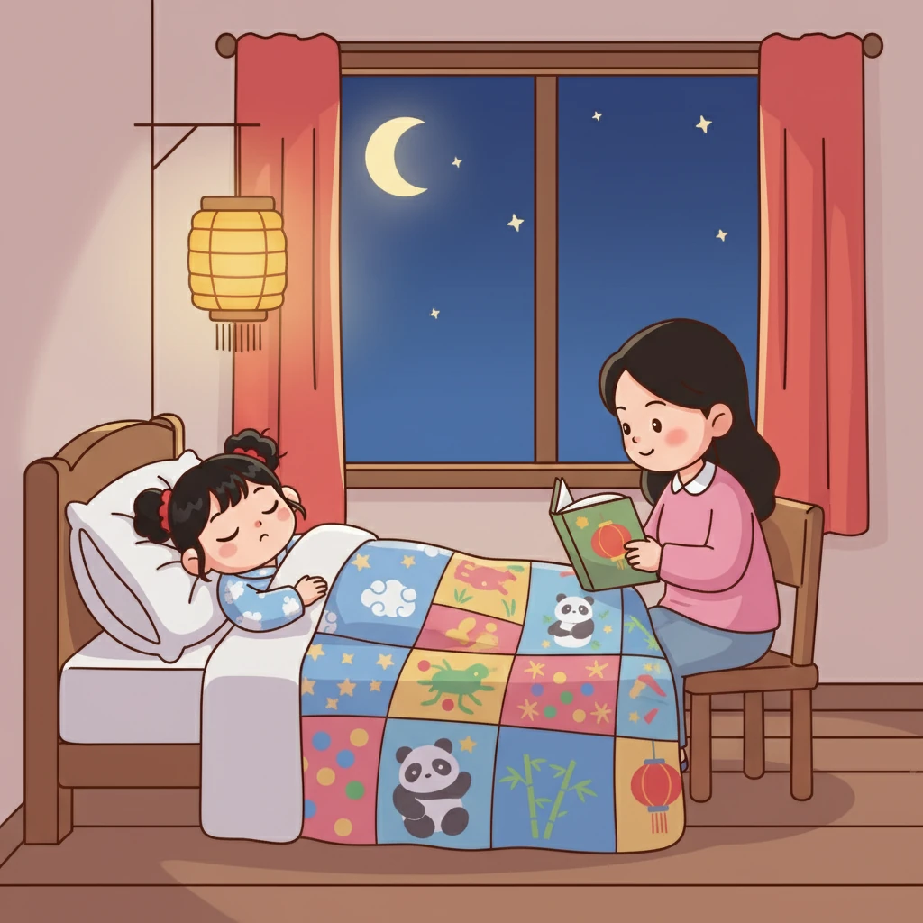 回到家，小晴洗了澡，換上睡衣。媽媽在她睡覺前，講了一個故事。小晴聽著故事，慢慢地睡著了。