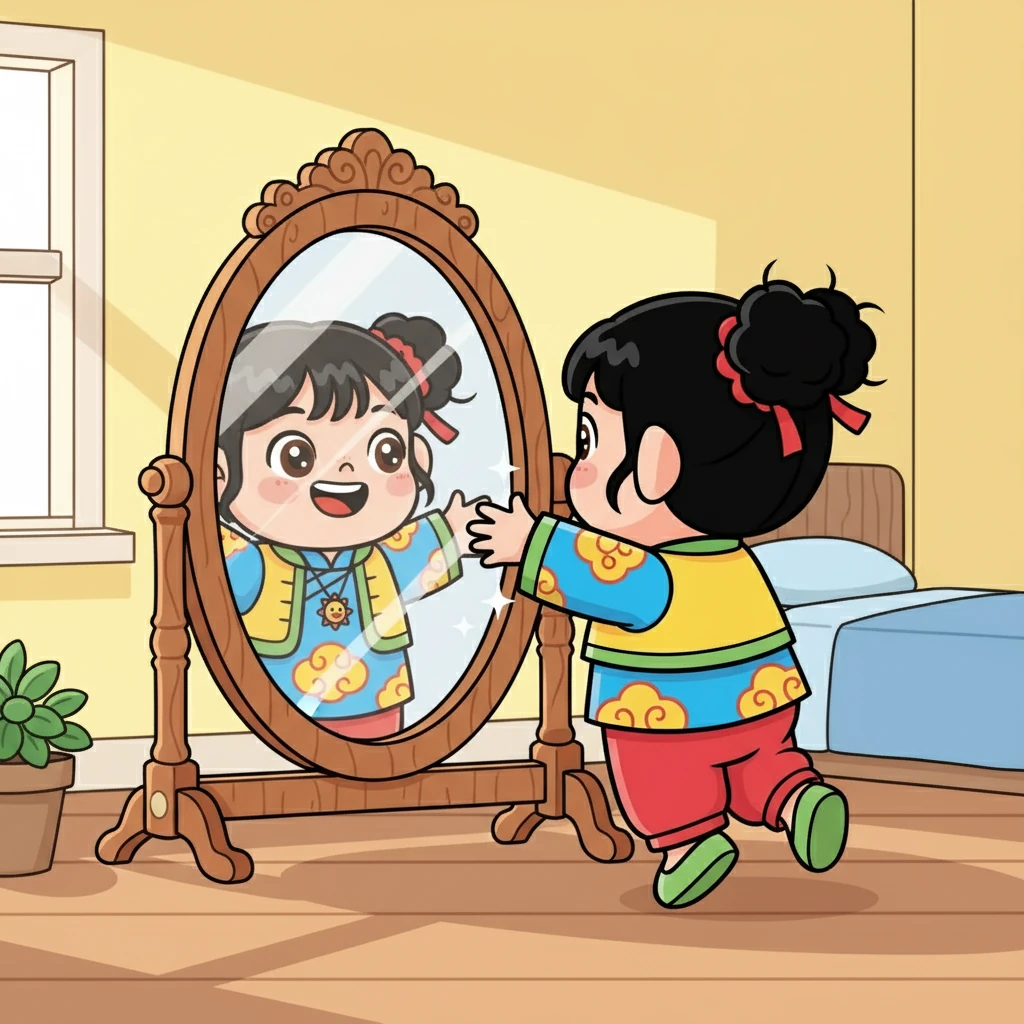 第二天，陽光再次照進小晴的房間。新的一天開始了，小晴又可以開心地玩耍，她對著鏡子裡的自己說：「我喜歡我的每一天！」