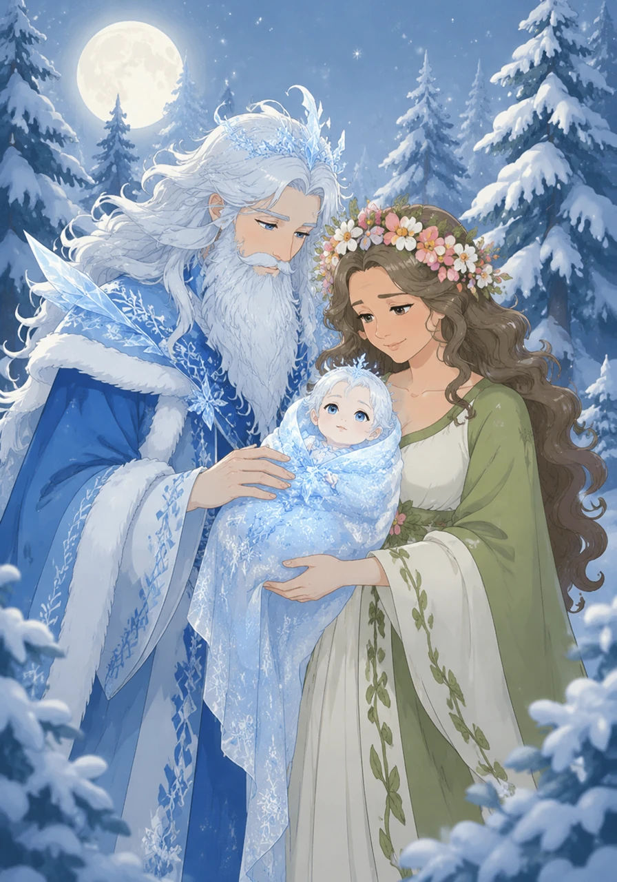 Deep within the silent, snow-covered forest, Father Frost and Spring the Beauty welcome their miraculous daughter into the world. Born from ice and snow, the delicate maiden glimmers like a diamond under the pale winter moon. They name her Snegurochka, the Snow Maiden, a child of pure winter magic.