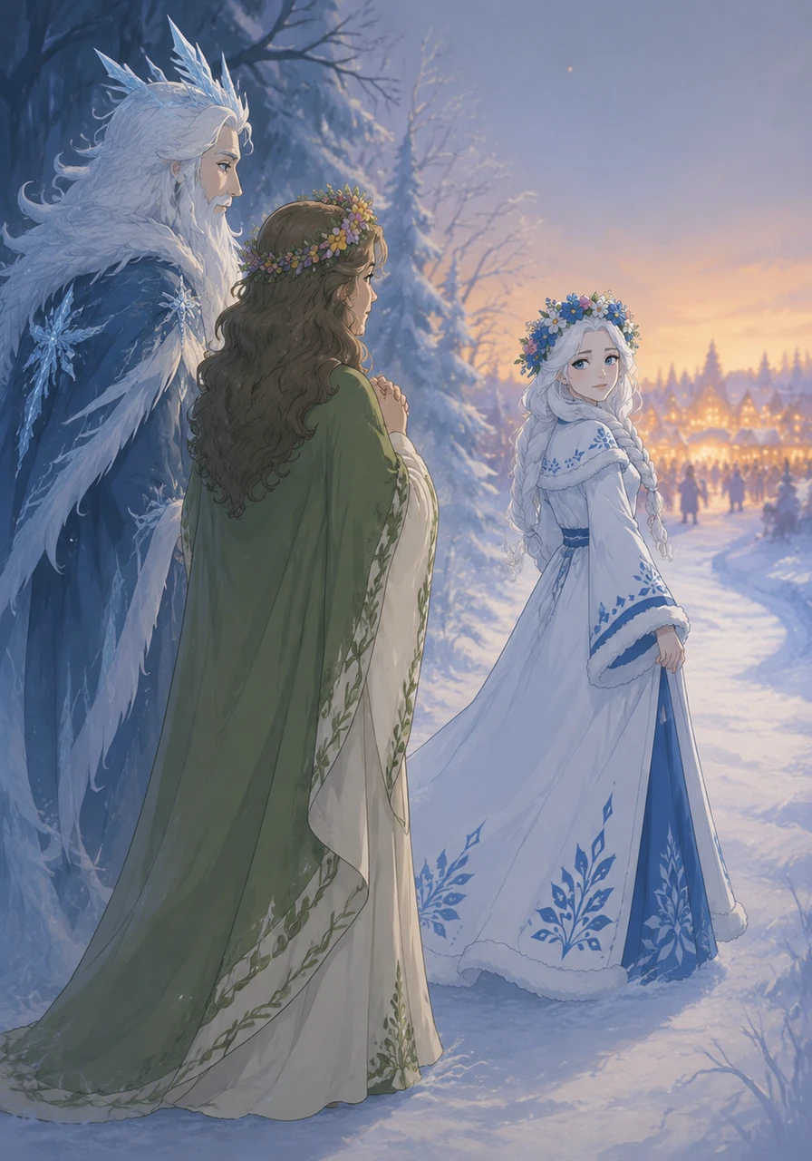 As Snegurochka grows, she listens to the distant, joyful songs of the nearby human village. Her heart longs to experience their laughter, dances, and mysteries, even though her father warns that human passions could melt her icy heart. Reluctantly, her parents grant her wish, placing her in the care of a childless village couple.