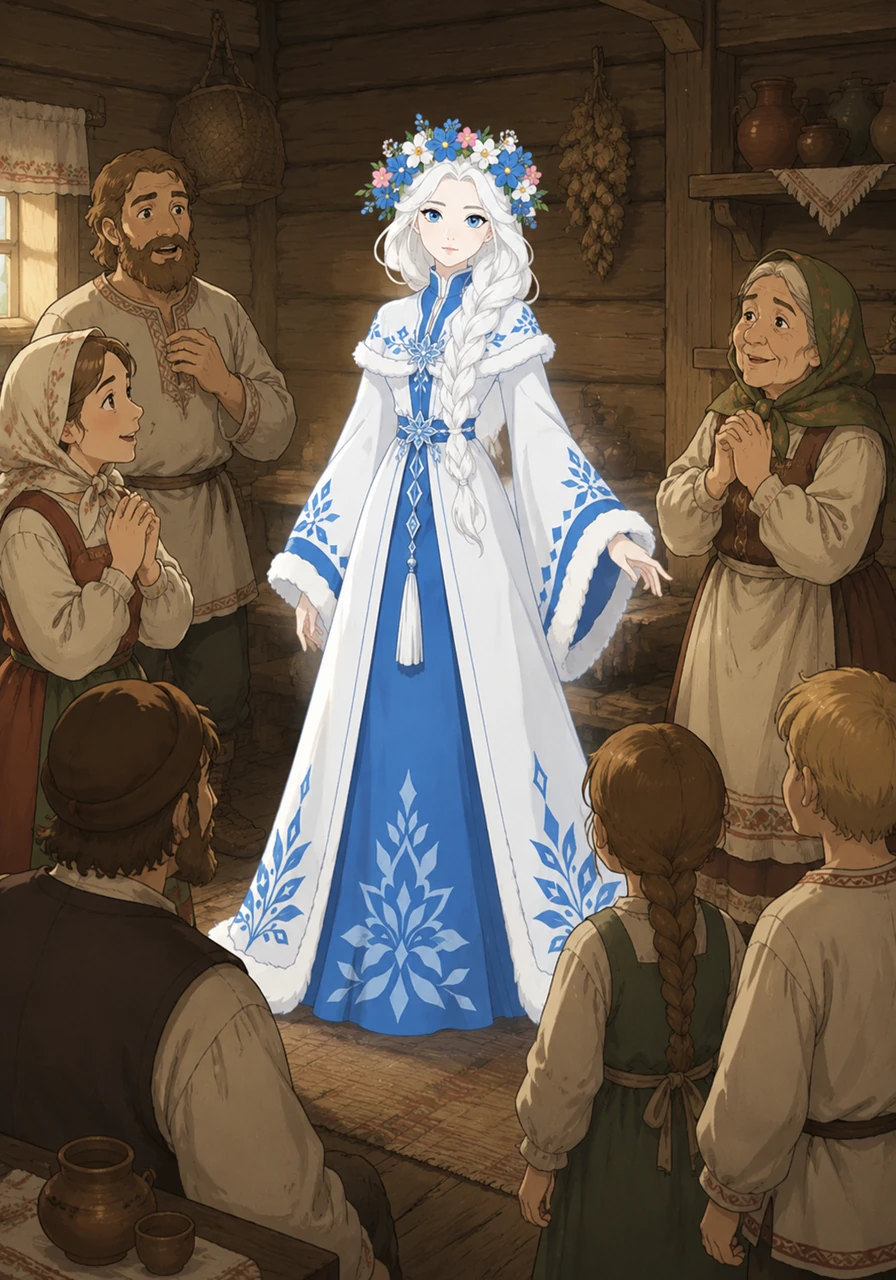 The villagers marvel at the breathtaking beauty of the new maiden, whose skin is as white as fresh snow and whose eyes reflect the clear blue winter sky. Snegurochka quickly adapts to her new home, bringing an ethereal grace to the humble cottage. Yet, while she smiles gently, she remains uniquely detached from the deep emotions of those around her.