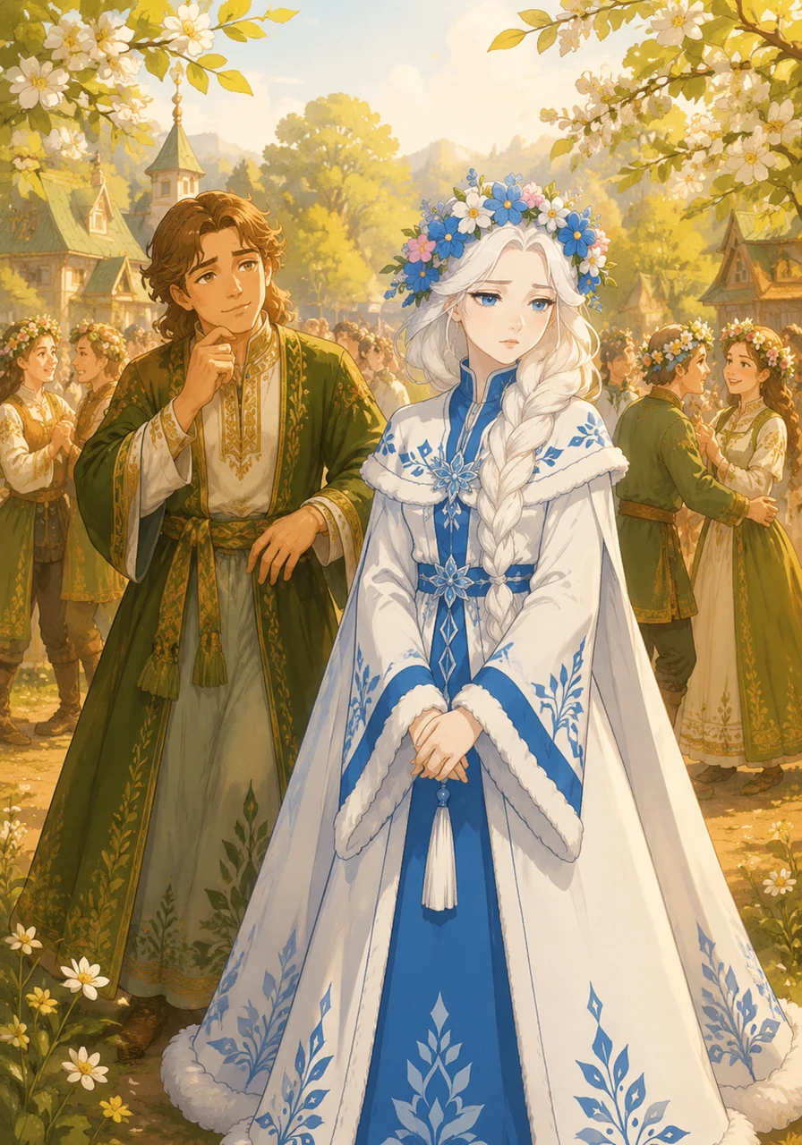 Spring arrives, painting the village in vibrant green and gold, but Snegurochka feels a strange, heavy sadness as the sun grows warmer. While the village youths pair up in joy, a handsome merchant named Mizgir catches sight of her. Smitten by her icy perfection, he instantly forgets his own fiancée and vows to win the Snow Maiden's heart.