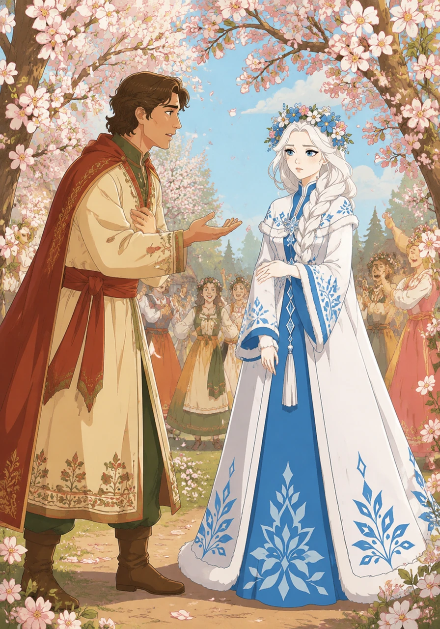 Mizgir passionately declares his love to Snegurochka under the blossoming trees, showering her with promises of devotion. Snegurochka listens with a confused and heavy heart, unable to truly feel the warmth of his words. She realizes that her heart of ice is incapable of human love, leaving her feeling profoundly isolated among the joyful villagers.