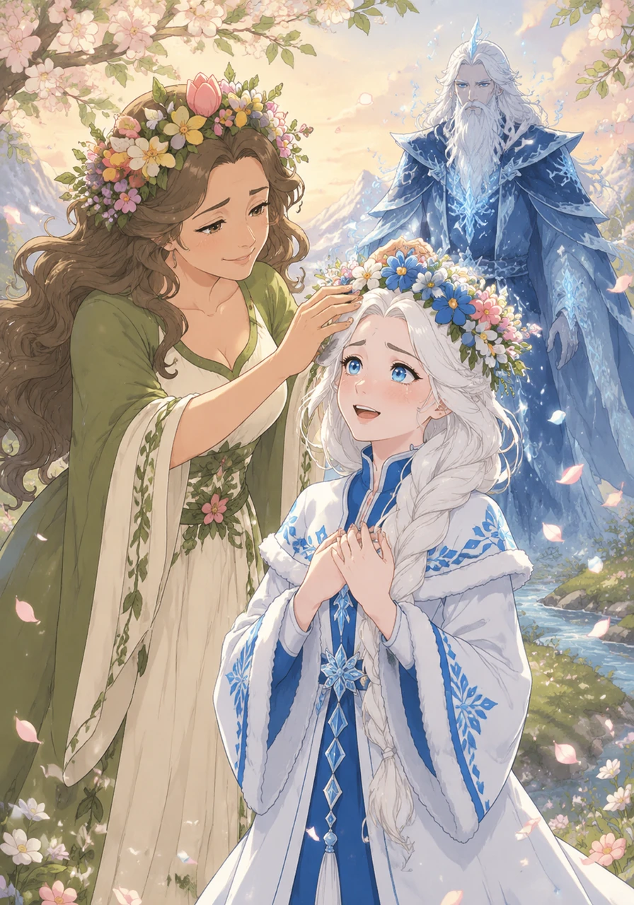 Placing a vibrant crown of enchanted spring flowers upon Snegurochka's head, Mother Spring grants her daughter's deepest desire. Instantly, a rush of genuine warmth floods the maiden's chest, and the world transforms before her eyes into a tapestry of brilliant, overwhelming emotion. For the first time, Snegurochka truly feels alive, her heart beating with real love.
