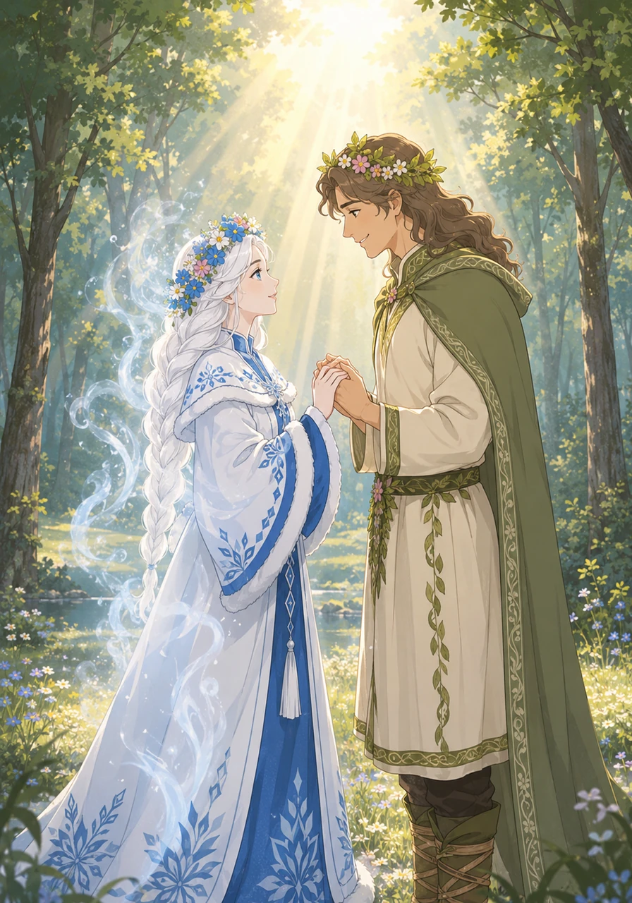 Snegurochka rushes back to the clearing where Mizgir awaits her, her eyes shining with newfound passion. As she confesses her love to him, a brilliant ray of the triumphant summer sun pierces through the morning clouds. Mizgir rejoices, holding her hand, unaware of the delicate shimmering beginning to rise from her skin.