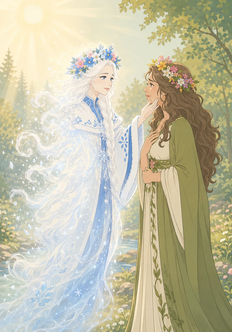 Under the touch of the bright morning sunbeam, Snegurochka feels herself beginning to dissolve into the morning air. Yet, there is no fear in her eyes, only a radiant, transcendent joy as she finally understands the beautiful depth of human love. She bids a tender, breathless farewell to Mizgir as her form turns into a soft, glowing mist.
