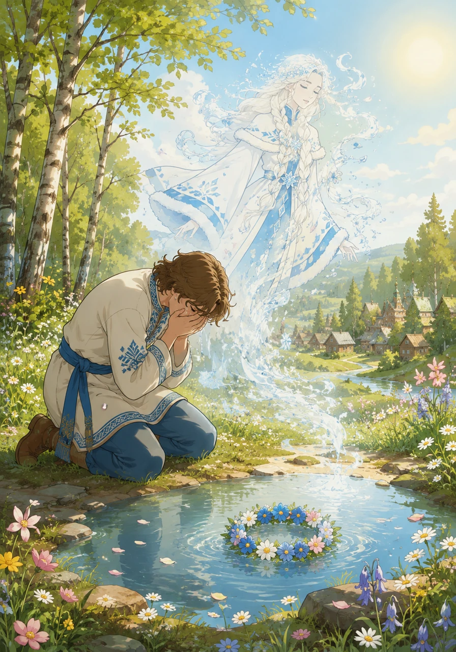 Where the Snow Maiden once stood, only a gentle pool of pure water and a crown of fresh spring flowers remain. Mizgir weeps for his lost love, but the village of Berendey feels the heavy winter spell finally break, welcoming a bountiful summer. Snegurochka's spirit dissolves into nature, an eternal symbol of the beautiful, bittersweet cycle of love and the seasons.