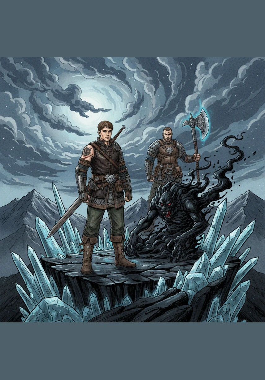 En la cima del imponente Muro de Hielo, los hermanos Duki, Sosa, Checho y Wilson observan el horizonte gélido mientras Sosa relata la antigua historia de la barrera. El viento corta la piel, pero la determinación en sus rostros muestra que están listos para proteger el reino de lo que acecha en las sombras.