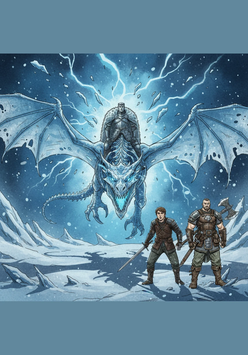 De repente, el cielo se desgarra con la aparición del Rey de los Caminantes Blancos montado sobre un colosal dragón de hielo de ojos azules brillantes. El frío se vuelve insoportable mientras la sombra de la bestia alada se proyecta sobre la nieve, anunciando una destrucción inminente.