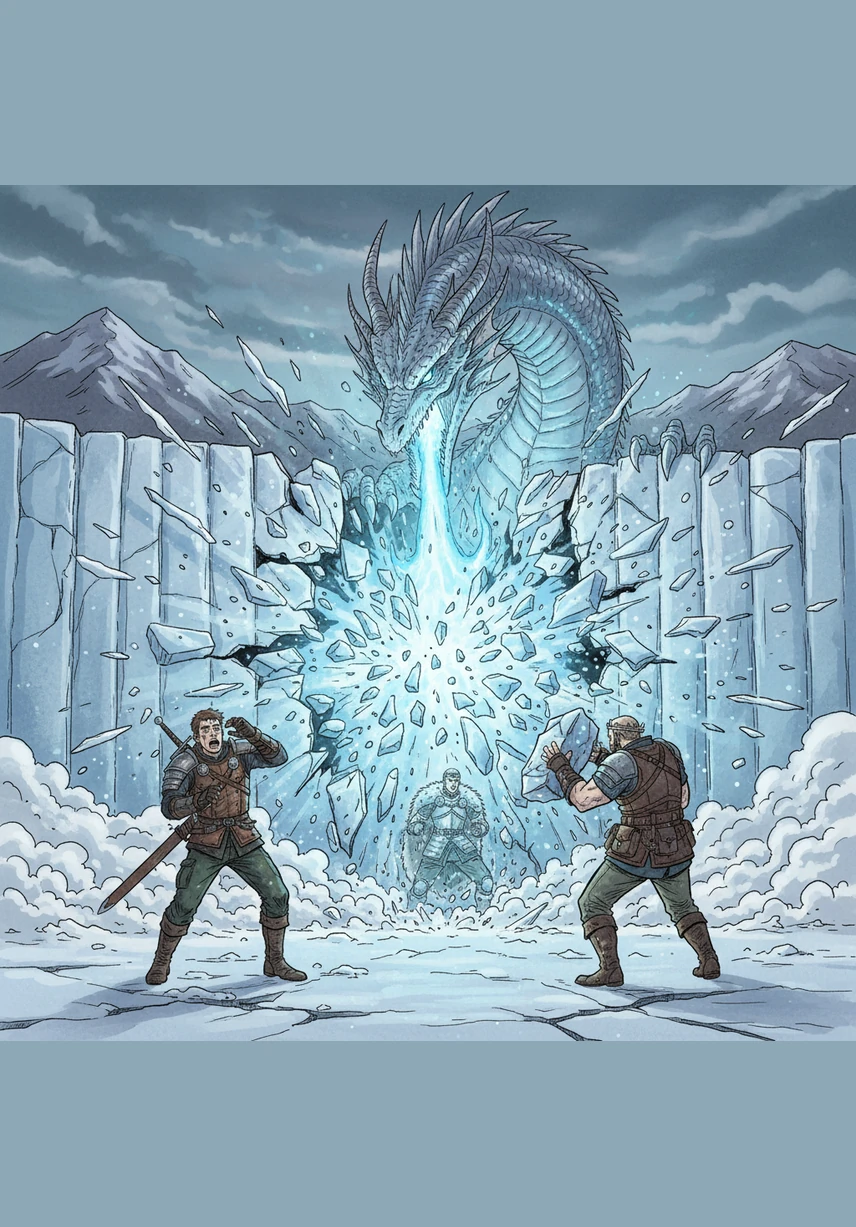 El dragón de hielo exhala un torrente de fuego azul que golpea con fuerza destructiva el centro del Muro de Hielo, provocando su colapso total. Entre nubes de nieve y fragmentos de hielo gigantes, la frontera que mantuvo al mundo a salvo durante siglos desaparece en un instante.