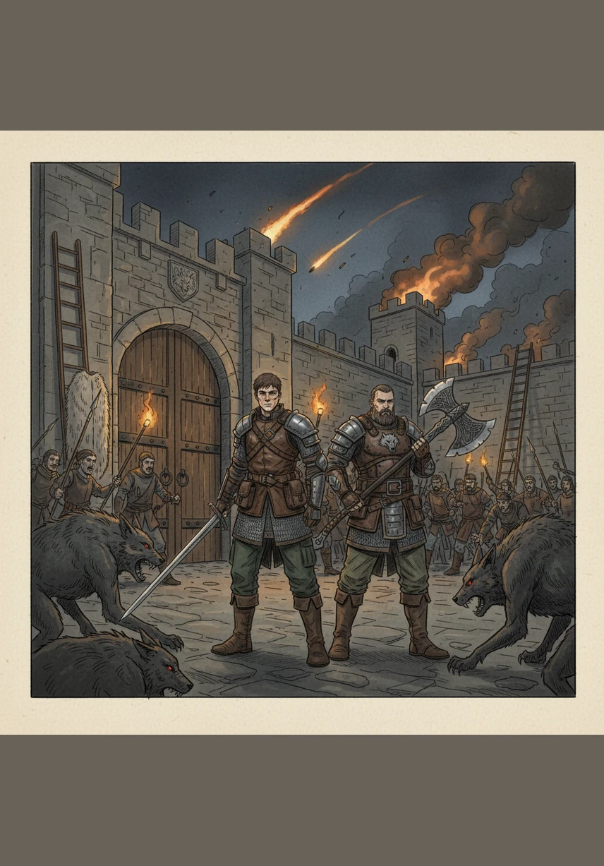 En el Castillo de los Lobos, Yaneth se sitúa al frente de la formación con una expresión de furia inigualable, lista para lanzarse al ataque contra los invasores. A su lado, Piru coordina la entrega de armas mientras el Profe Caña y el Lic. Hermes organizan las líneas de defensa.