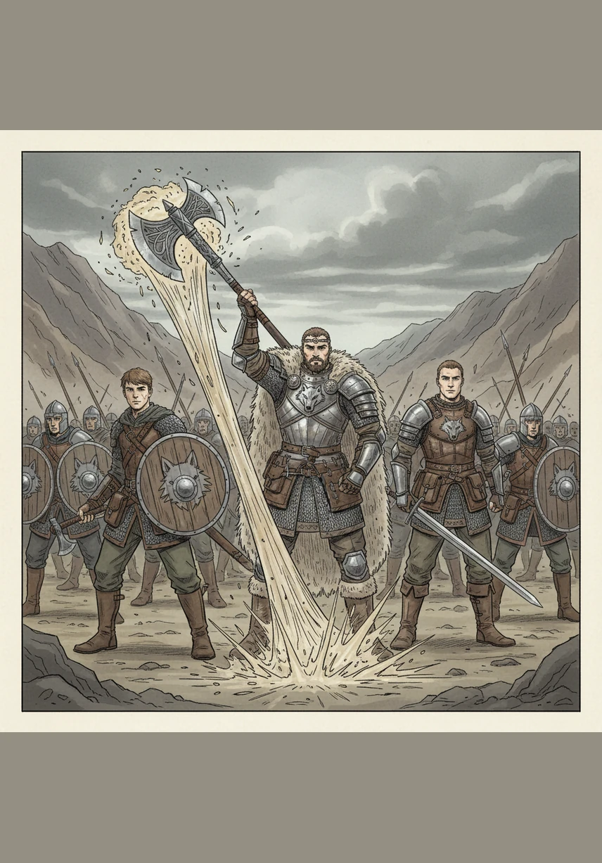 Checho toma la herramienta de guerra y la hace sonar con un estruendo que retumba en todo el valle, dando la señal definitiva para el inicio del combate. Muma y Nico, con sus armaduras relucientes, se preparan para el choque frontal mientras el resto del equipo de lobos ajusta sus escudos.