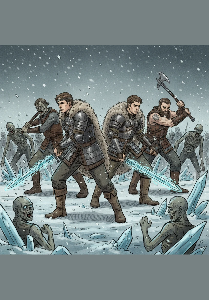 Menjivar, Banegas, los hermanos Molina y Davidsinho luchan hombro con hombro contra la marea de muertos, demostrando la fuerza de su unión. Cada golpe de espada de cristal de dragón de David Vasquez y Eddy hace retroceder a la oscuridad, mientras el frío intenta doblegar su voluntad.