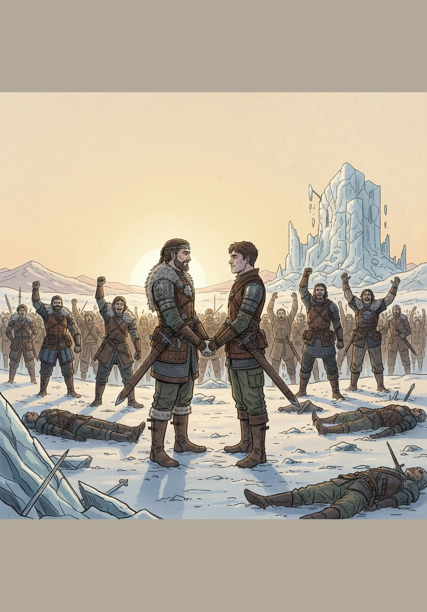 Tras una noche de sacrificio, el sol asoma sobre el horizonte iluminando la victoria de los lobos sobre el ejército de hielo. En medio de la calma recuperada, Checho y Orfy se encuentran entre la multitud y se toman de la mano, sellando su amor tras haber sobrevivido a la gran guerra.