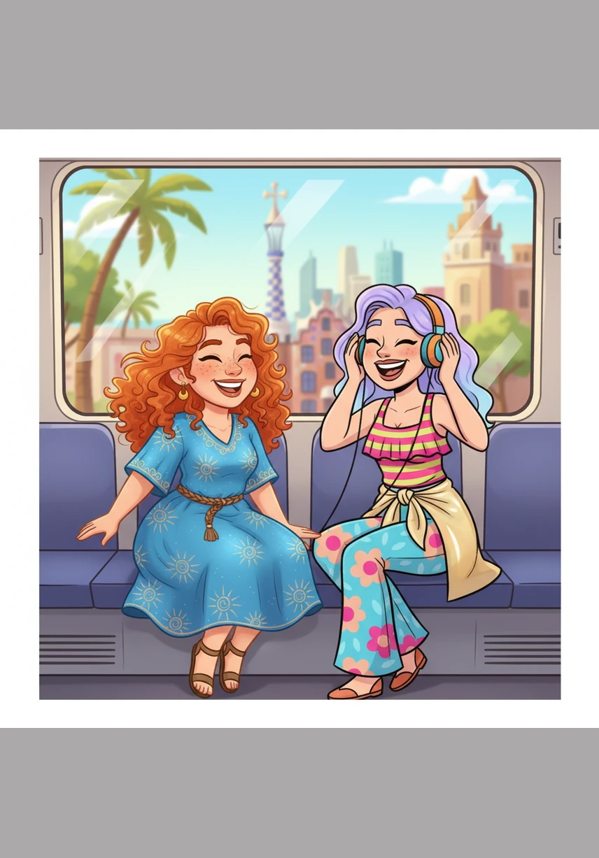 A bright train carries them toward the bustling heart of Barcelona, the landscape shifting from coastal palms to urban artistry. They share a pair of headphones, humming along to the songs that defined their two decades together.