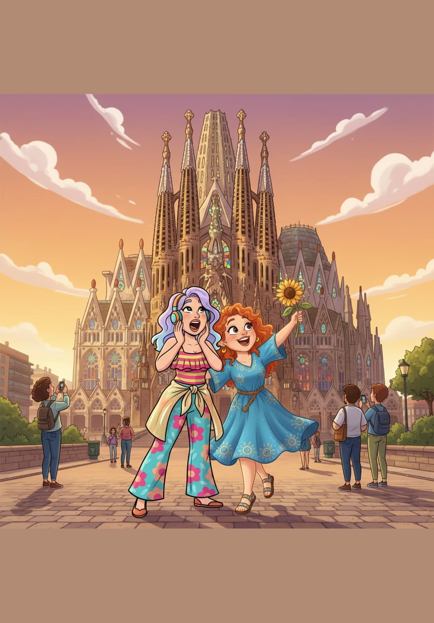 They stand in awe before the towering spires of the Basilica de la Sagrada Familia, its intricate stone carvings reaching toward the blue sky. The sunlight filters through the stained glass inside, casting a kaleidoscope of colors over the two best friends.