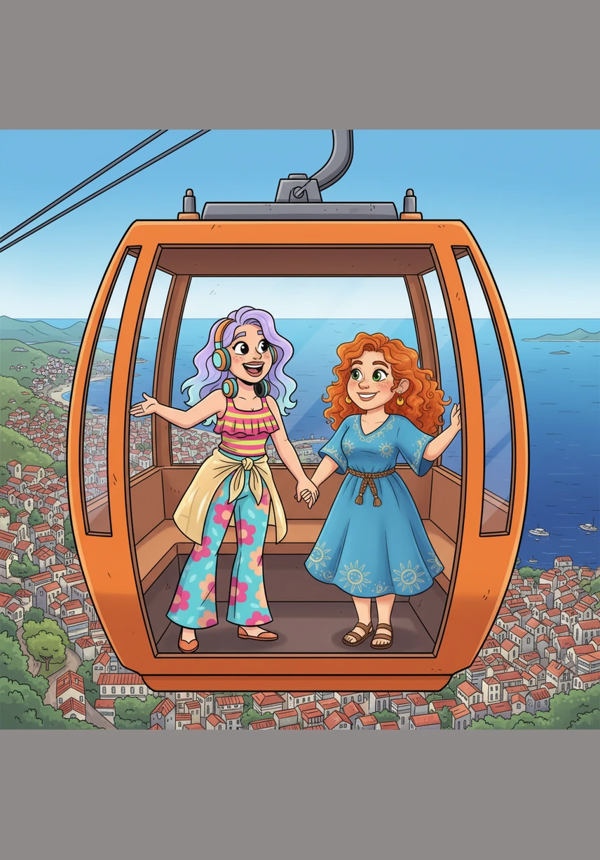 Gliding high above the city in a cable car, they look down at the sprawling rooftops and the deep blue sea beyond. Suspended in the air, they feel like they are on top of the world, grateful for the perspective their friendship provides.