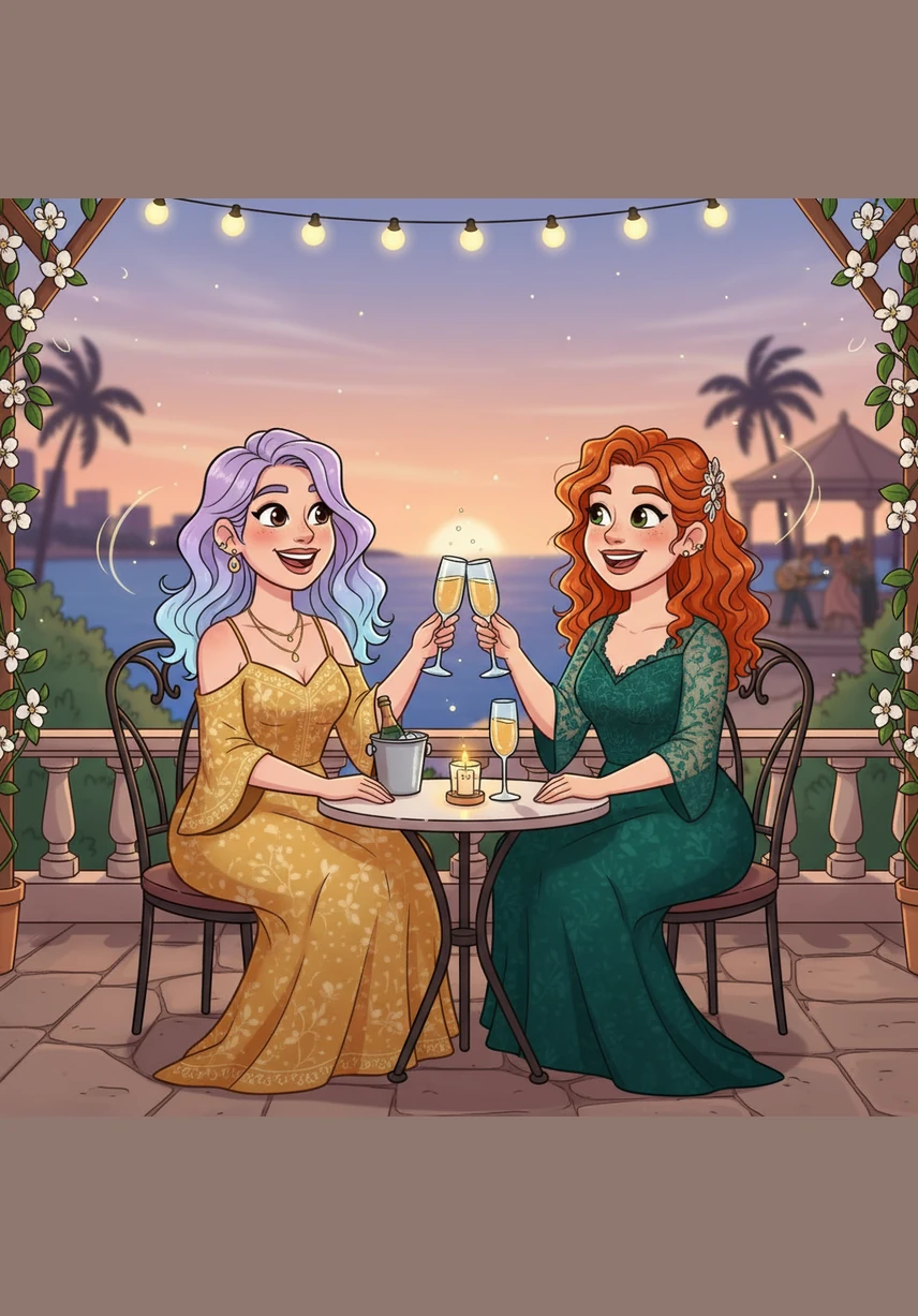 Back in Salou, they dress up in their favorite evening wear, ready to toast to their enduring bond. The air is thick with the sweet scent of jasmine and the distant sound of Spanish guitars playing in the distance.