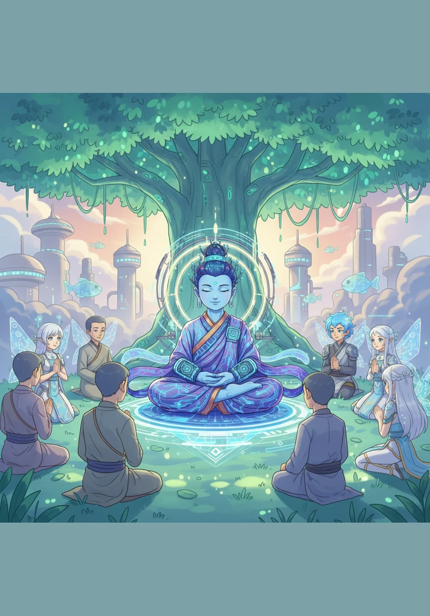 Dưới bóng cây xanh mát của vườn Thắng Lâm, Đức Phật ngồi tĩnh tại giữa các vị Tỳ-kheo đang thành kính lắng nghe. Ánh nắng ban mai nhẹ nhàng xuyên qua kẽ lá, tạo nên một không gian thanh tịnh và trang nghiêm bao trùm khắp khu vườn.