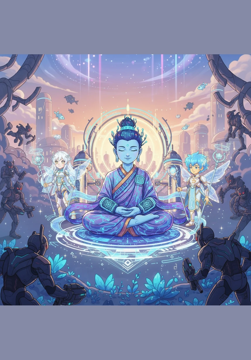 Tại trung tâm cõi trời ấy là Vườn Hoan Hỷ, nơi những bông hoa lạ kỳ tỏa hương thơm ngát và khoe sắc rực rỡ. Tiếng nhạc trời du dương vang vọng khắp không gian, hòa quyện cùng cảnh sắc tuyệt mỹ như một bức tranh sống động.