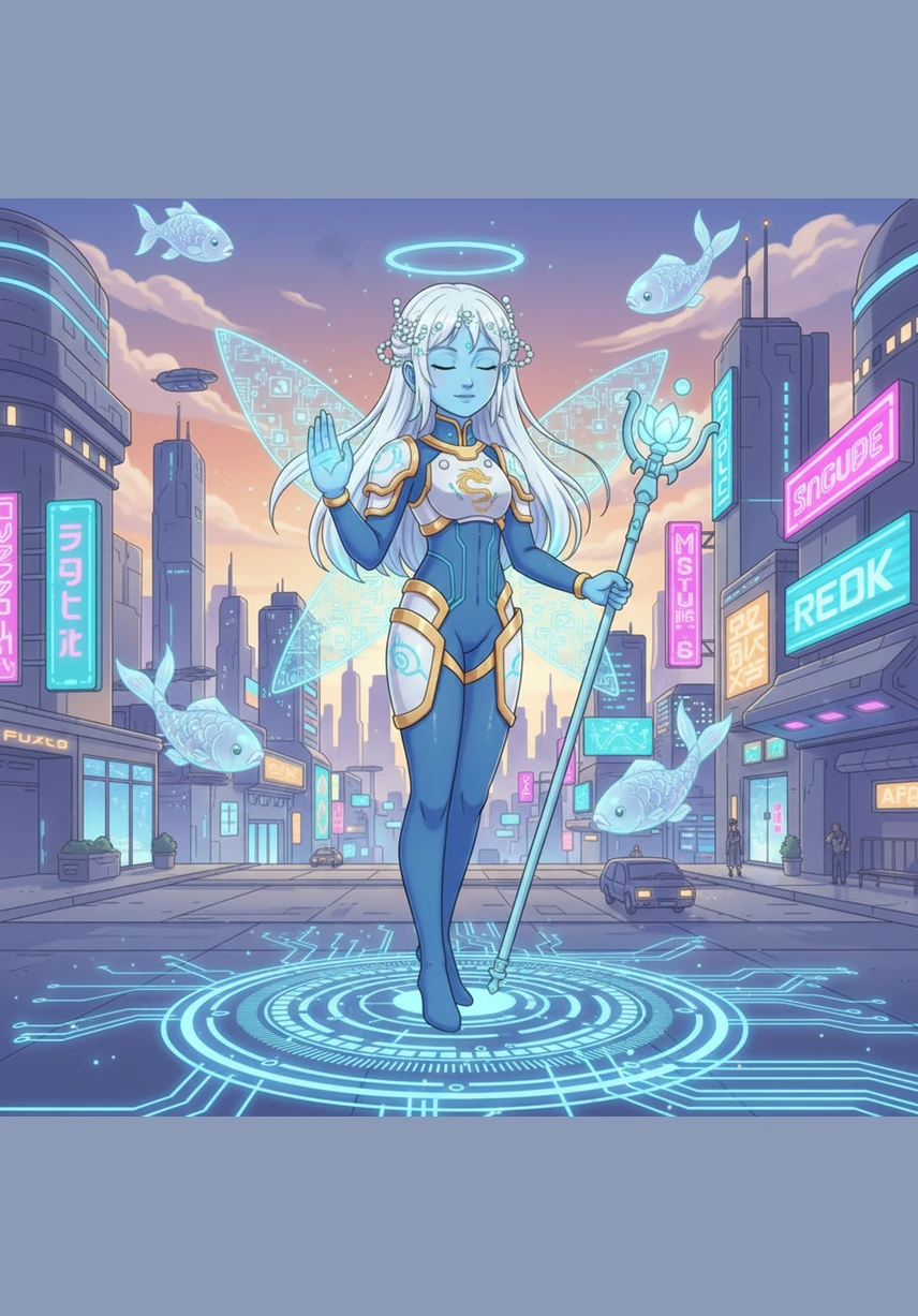 Bỗng nhiên, một vị Thiên khác xuất hiện với nụ cười hiền từ và ánh mắt tĩnh lặng như mặt hồ mùa thu. Vị Thiên này mang vẻ đẹp của sự thông tuệ, đứng lặng yên quan sát sự náo nhiệt xung quanh với cái nhìn thấu đáo.