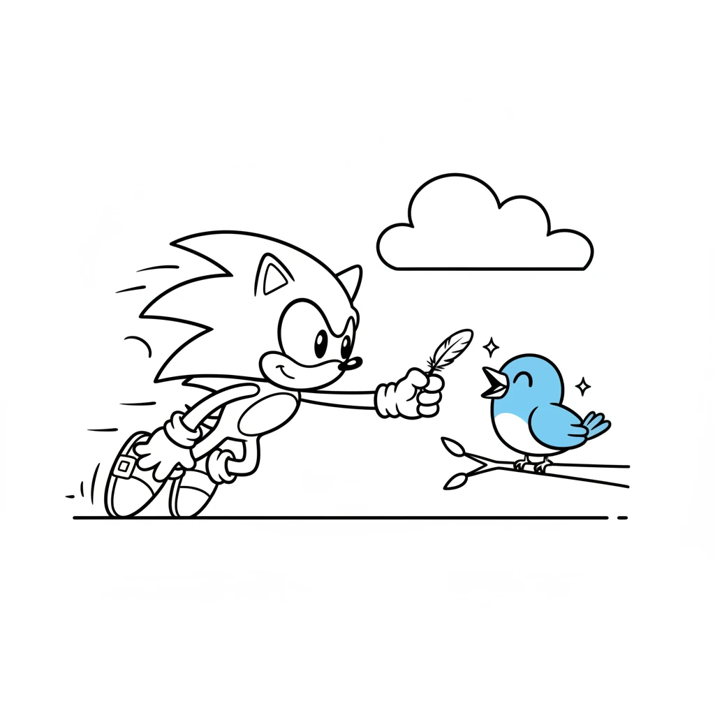 Dash gently picked up the feather, holding it carefully, and zoomed back to the little blue bird. The bird chirped with delight, its eyes sparkling with happiness at the sight of its treasured possession.
