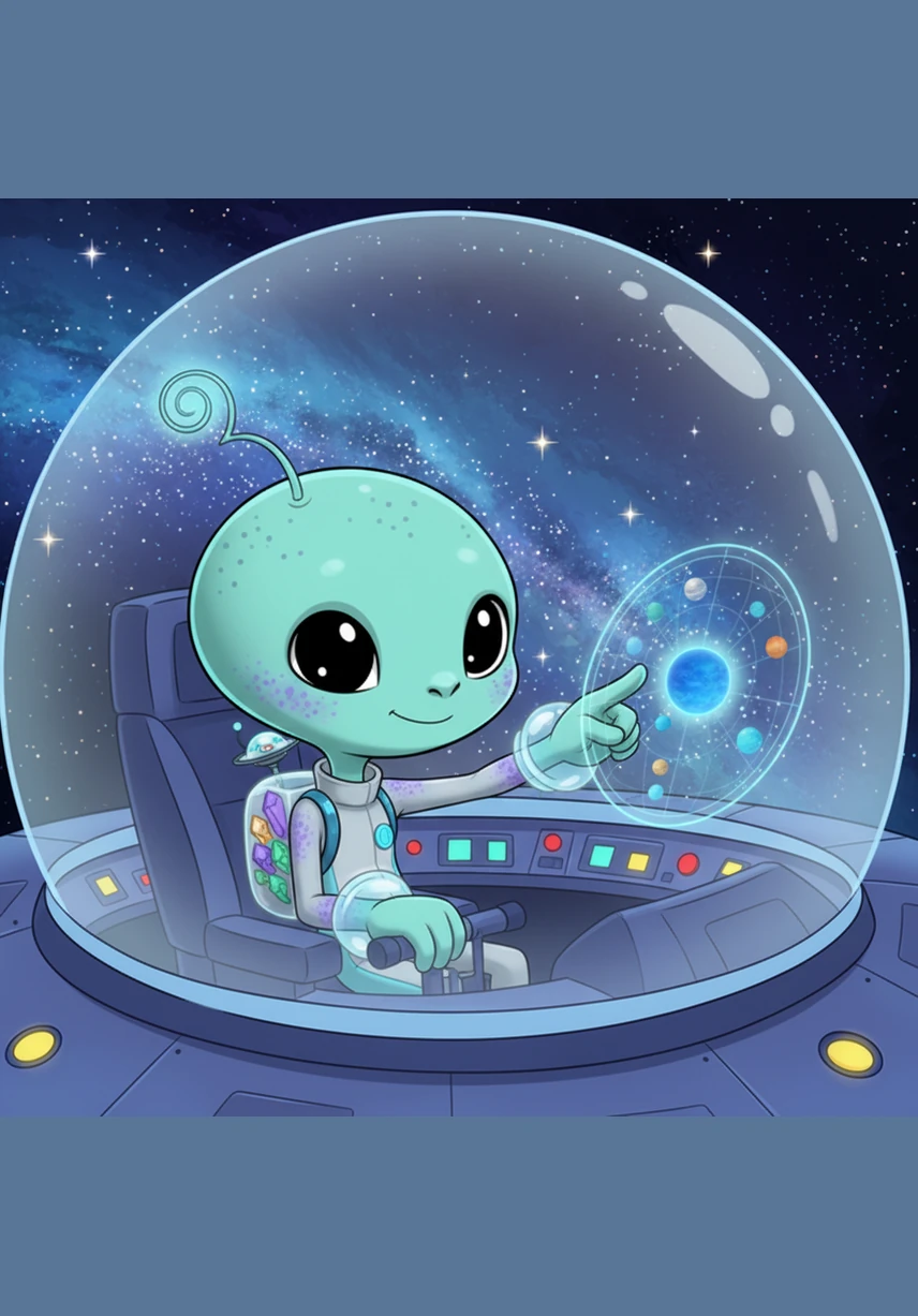 Far away in the Glittering Nebula, a small alien named Pip sat inside his bubble-shaped spaceship. He pointed his tiny finger at a beautiful blue planet on his star map, his heart fluttering with excitement for a new adventure.