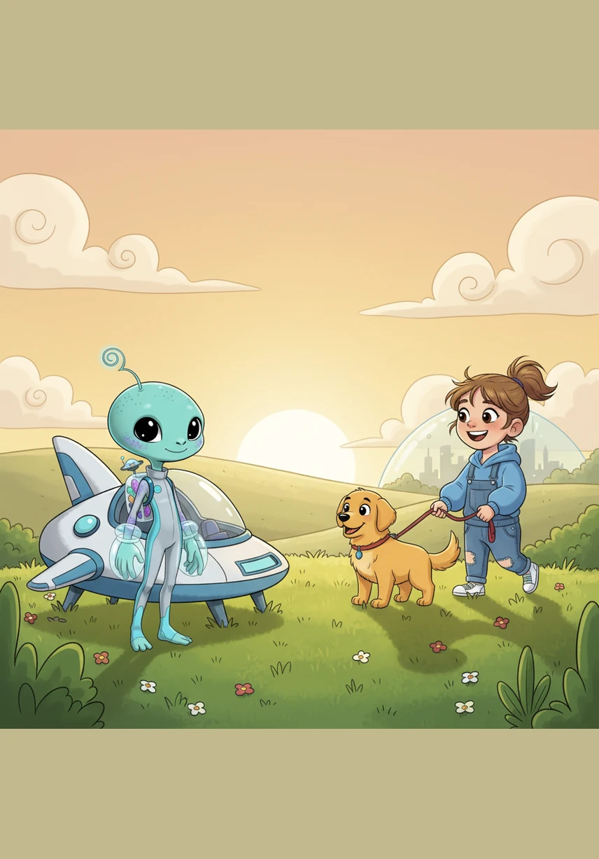 With a gentle hum, the spaceship descended through the clouds and landed softly in a meadow filled with wildflowers. Pip peered through the glass dome, amazed by the vibrant colors and the fresh, sweet scent of the Earth breeze.