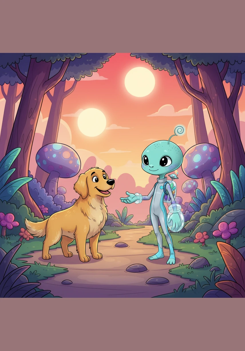 As Pip stepped onto the soft grass, a friendly golden retriever named Barnaby trotted over to say hello. Pip’s antennae glowed a warm yellow as he reached out to pat the dog’s soft fur, realizing he had found his very first Earth friend.