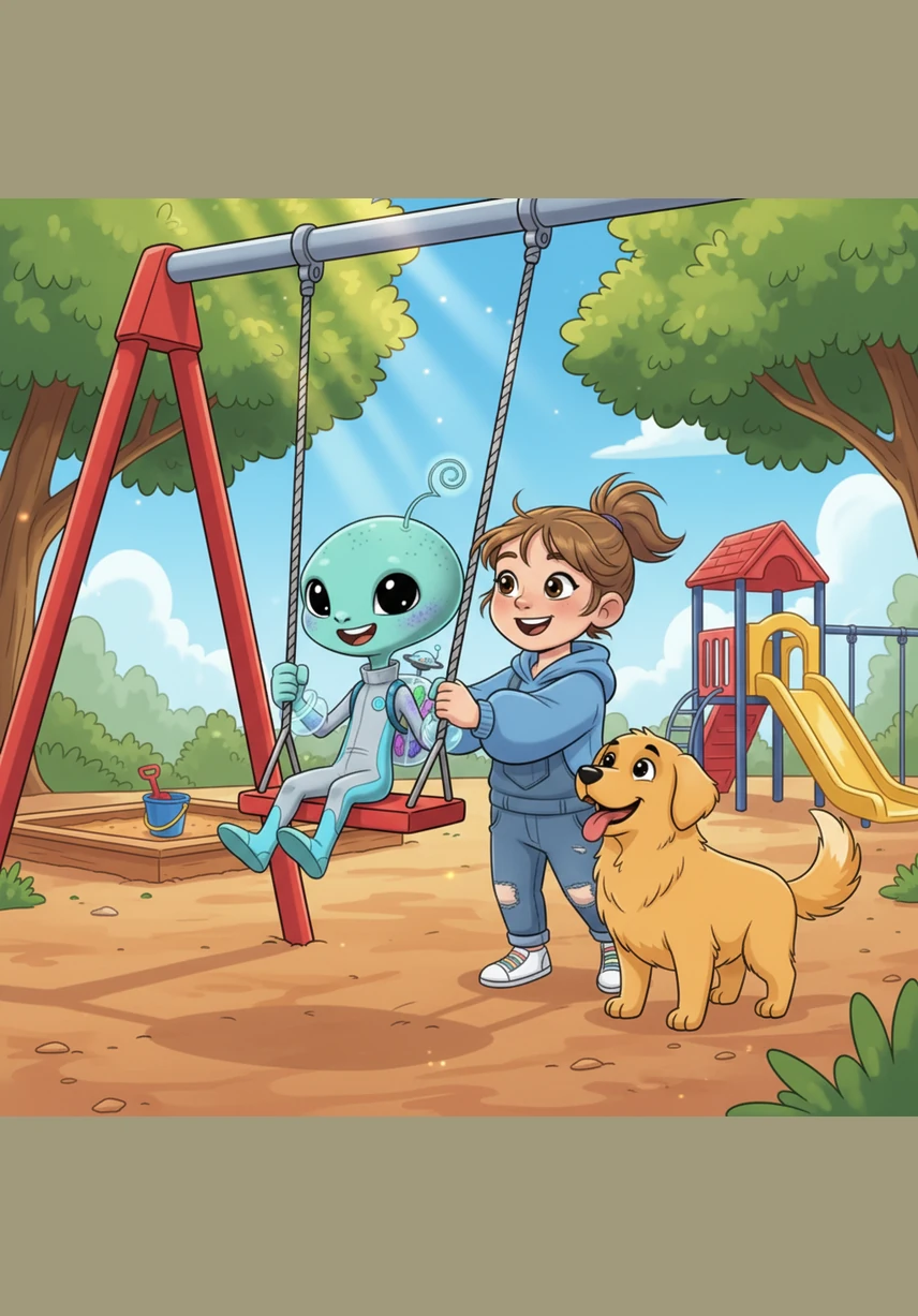 Pip followed Barnaby to a nearby playground where children were laughing and playing. He climbed up a bright red slide and zipped down with a giggle, his silver suit shimmering in the afternoon sun.
