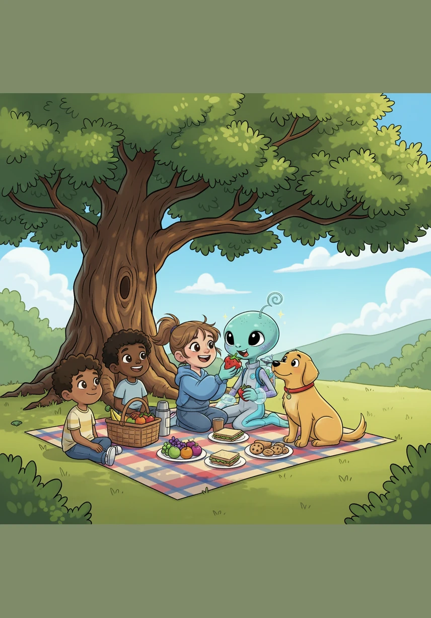 A group of children invited Pip to join their picnic under a giant oak tree. They offered him a juicy red strawberry, and as Pip took a bite, his eyes widened in delight at the sweet, sugary taste he had never experienced before.