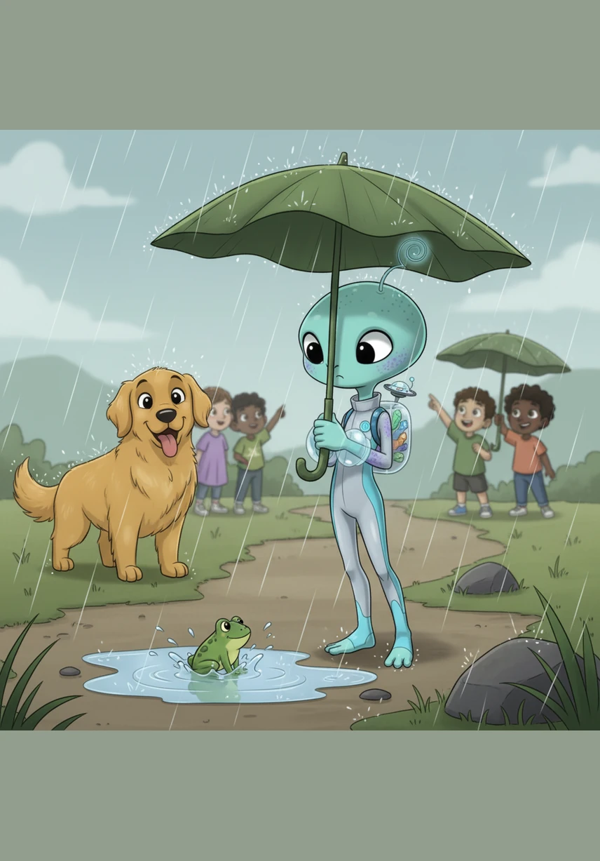 Suddenly, soft raindrops began to fall from the sky, making the world sparkle. Pip picked up a large, green leaf to use as an umbrella, watching in wonder as a small green frog hopped playfully into a puddle.