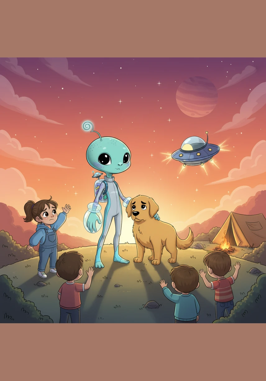 As the sun began to set, Pip knew it was time to return to the stars. He gave his new friends a glowing pebble from his home planet, and in return, a little girl tied a colorful friendship bracelet around his wrist.