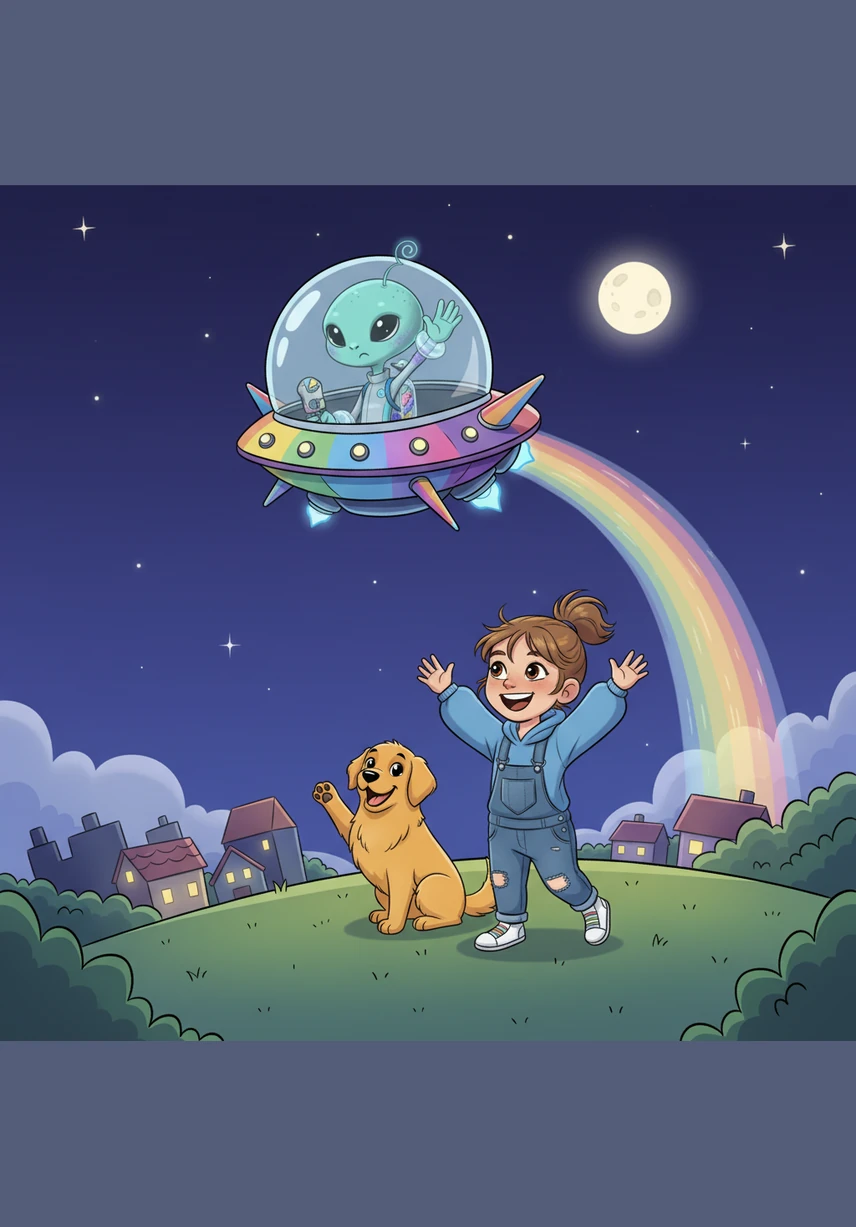 Pip’s spaceship lifted off, leaving a trail of glittery stardust as it soared back into the night sky. Looking out the window, Pip waved goodbye to the beautiful blue planet, knowing he would always have a home on Earth.