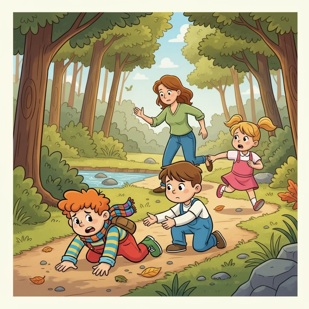 Najednou Vladan zakopl a spadl. Teo se hned ptal, jestli je v pořádku. Sára se rozběhla pro pomoc a přivedla maminku.