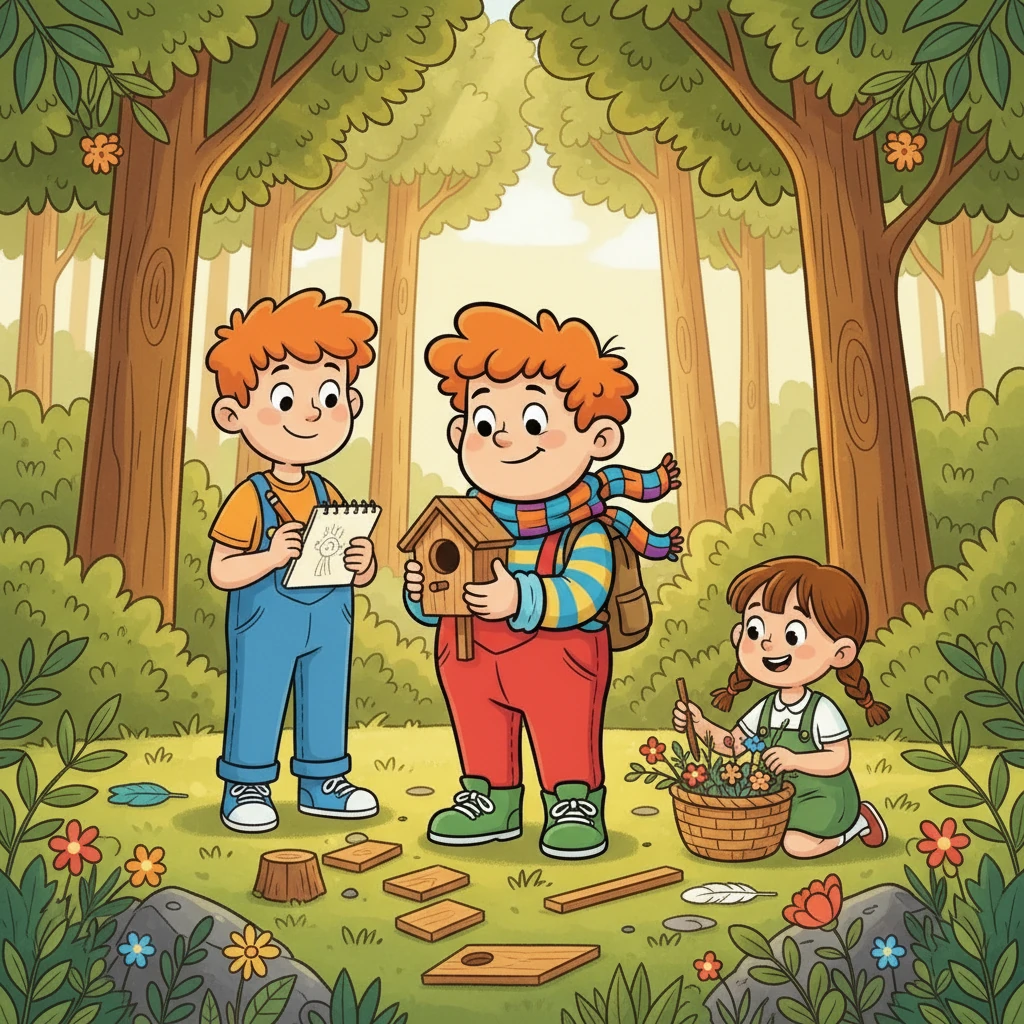 Společně se rozhodli postavit si domeček pro ptáčky. Vladan navrhoval, Teo zkoumal, jak to funguje, a Sára sbírala větvičky a květiny.