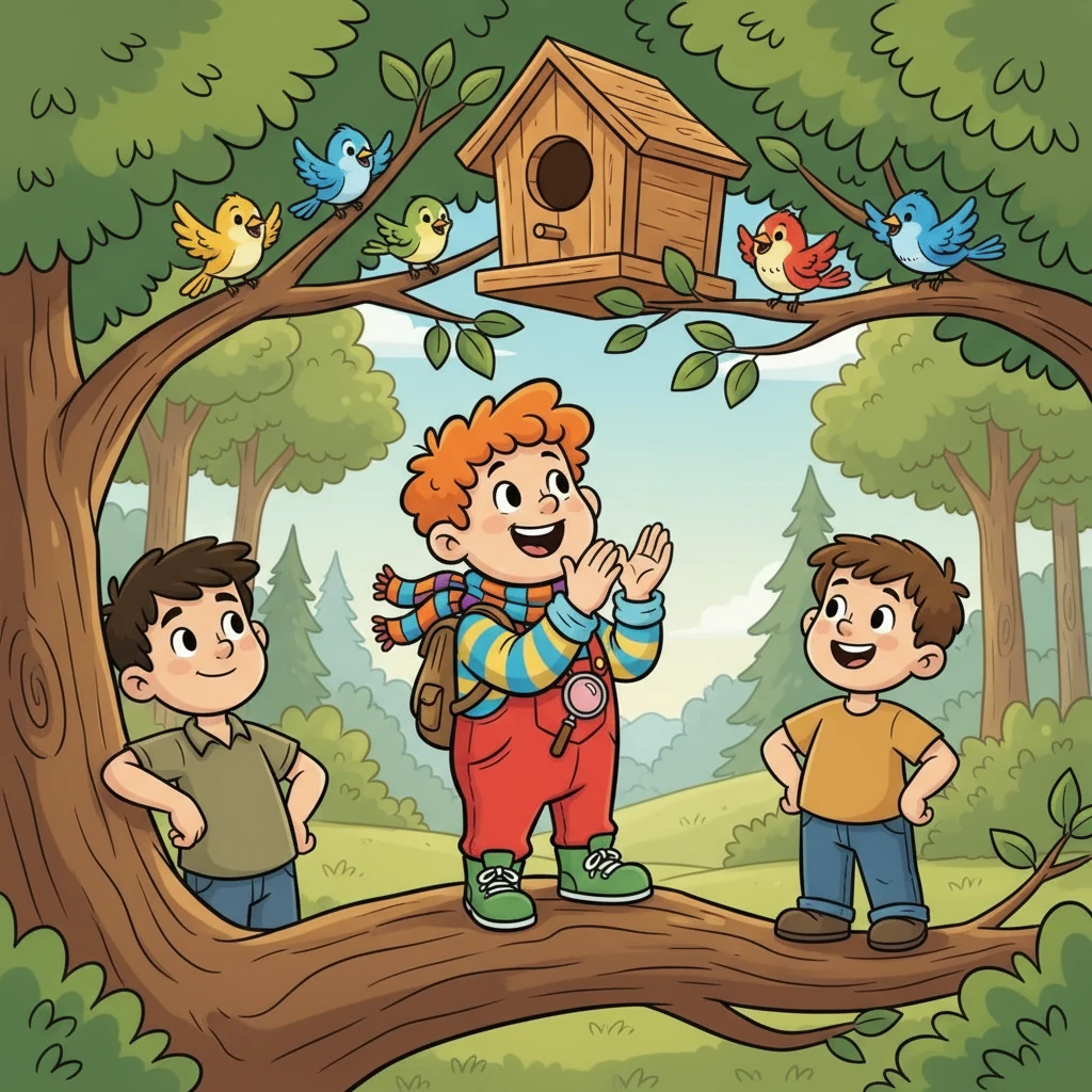 Po dokončení domečku, ho umístili na strom. Sára se radovala, když viděla ptáčky létat kolem. Vladan a Teo byli pyšní na svou práci.