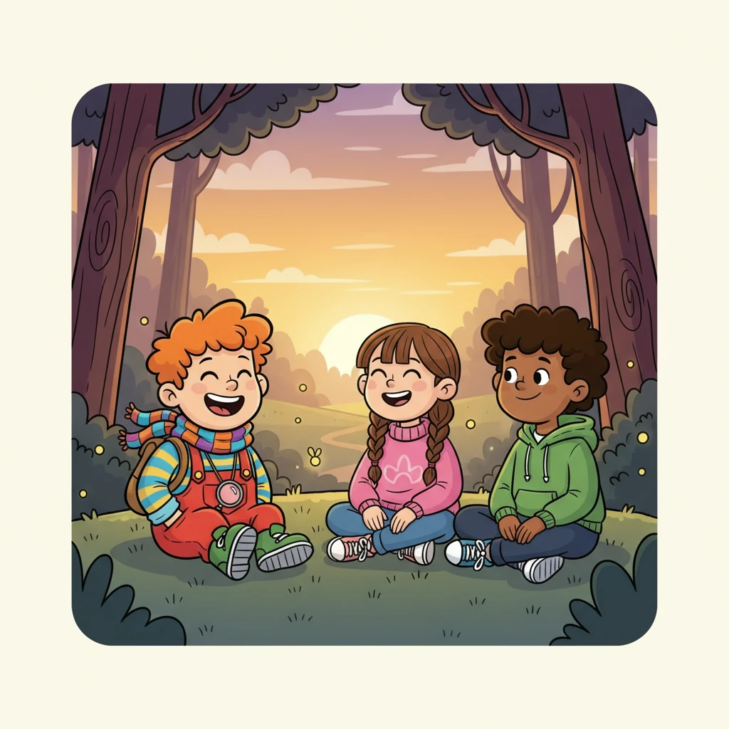 Večer, když slunce zapadalo, si všichni tři povídali o svém dni. Vladan, Teo a Sára se smáli a těšili se na další dobrodružství, které je čeká.