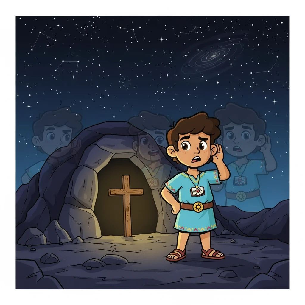 Una noche estrellada, la voz de su alter ego le susurró una verdad: "Sic est vita". Siguiendo su intuición, encontró una cueva marcada con una cruz, símbolo de esperanza y fe.